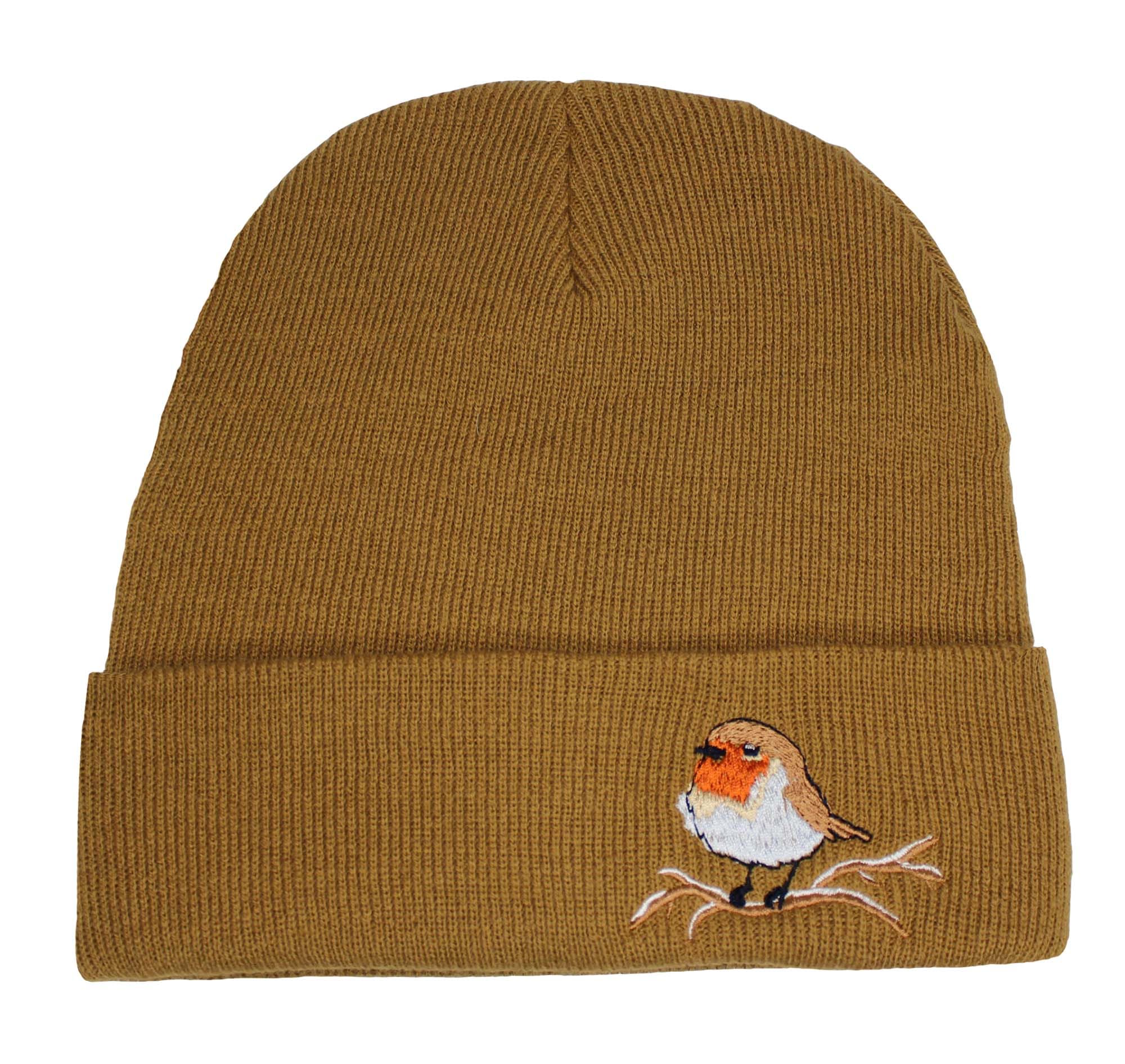 Teddyt's Women's Caramel Robin Design Embroidered Thermal Knit Beanie Hat (Caramel)