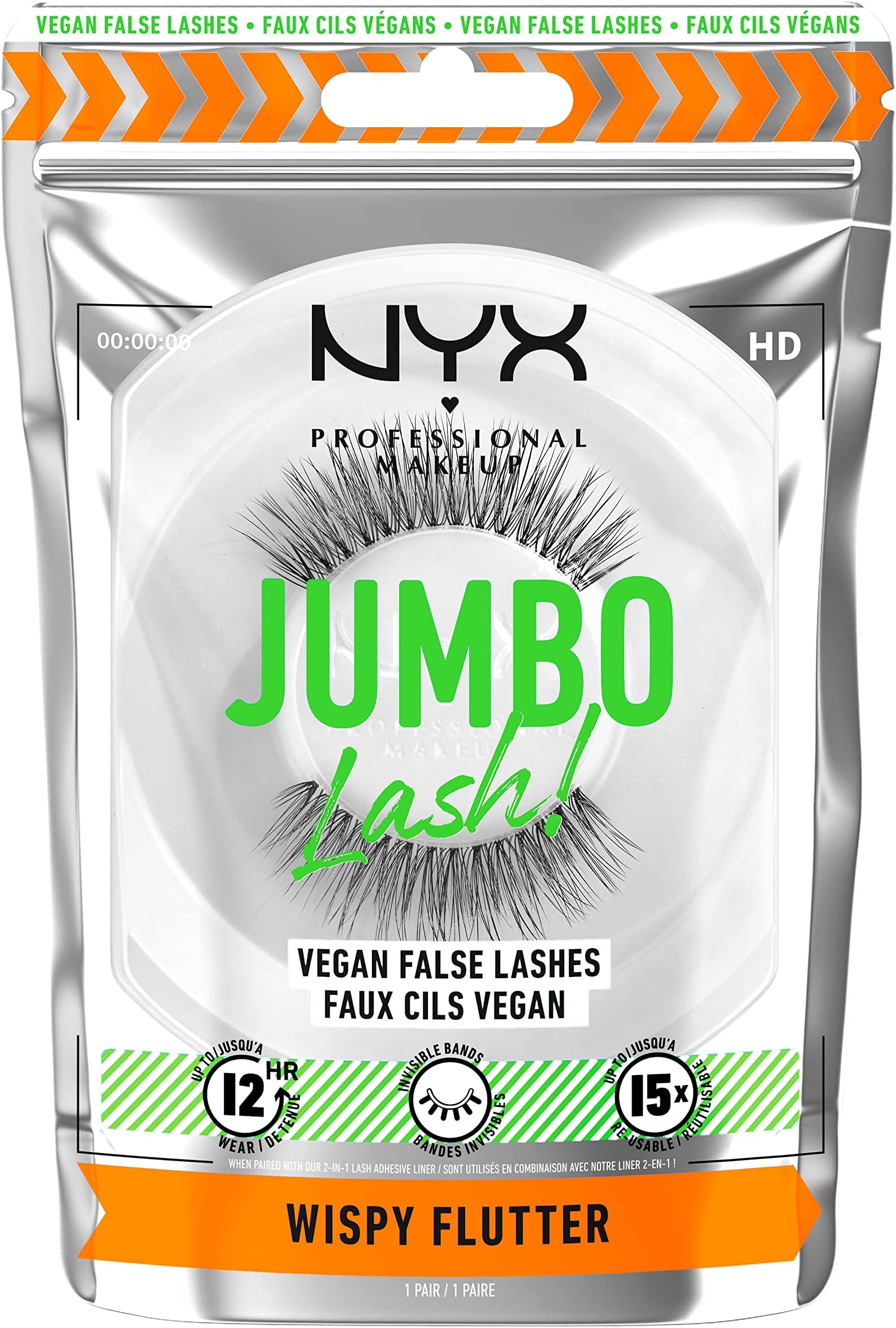 NYX Professional Makeup False Lashes, Long-lasting 12h Wear, Invisible Bands, Re-Usable up to x15, Vegan Lashes, Jumbo Lash!, Wispy Flutter