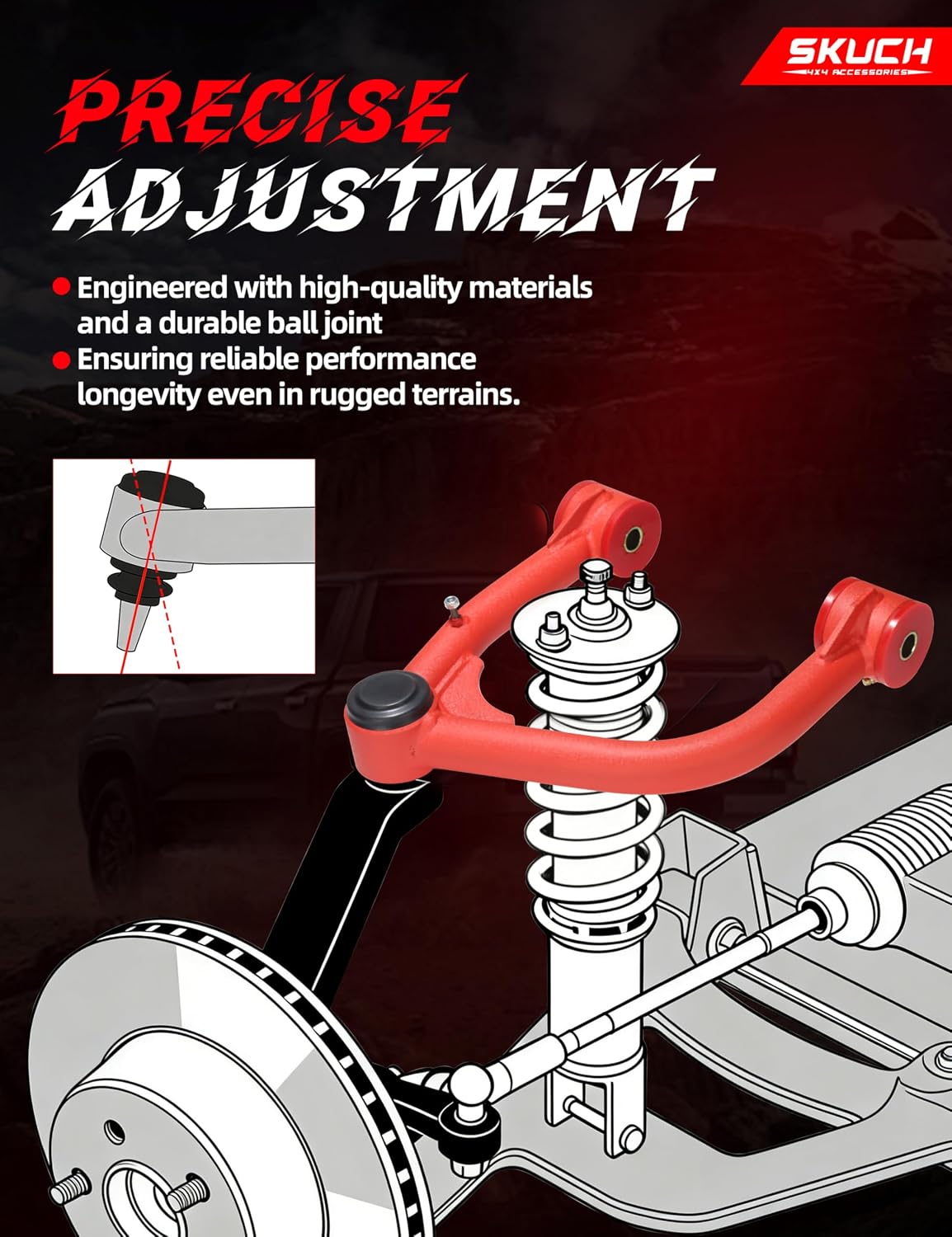 2-4" Lift Upper Control Arms for 2007-2021 Toyota Tundra, 2008-2022 Toyota Sequoia, Tubular Suspension Arms, Greaseable ball joint, 2 Replacement Ball Joints, Wrinkle Red