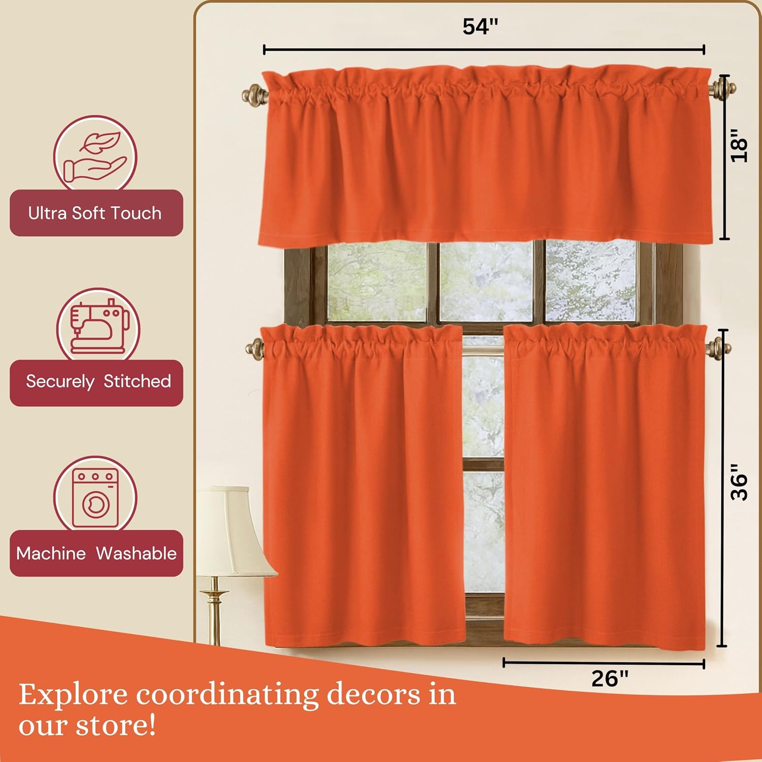 3 Piece Window Curtain Set, 100% Cotton, 2 Tiers 26x36 Inch & 1 Valance 54x18 Inch, Semi Sheer, Rod Pocket, Short Curtains for Kitchen, Café, Living Room, Bathroom, Bedroom, Orange