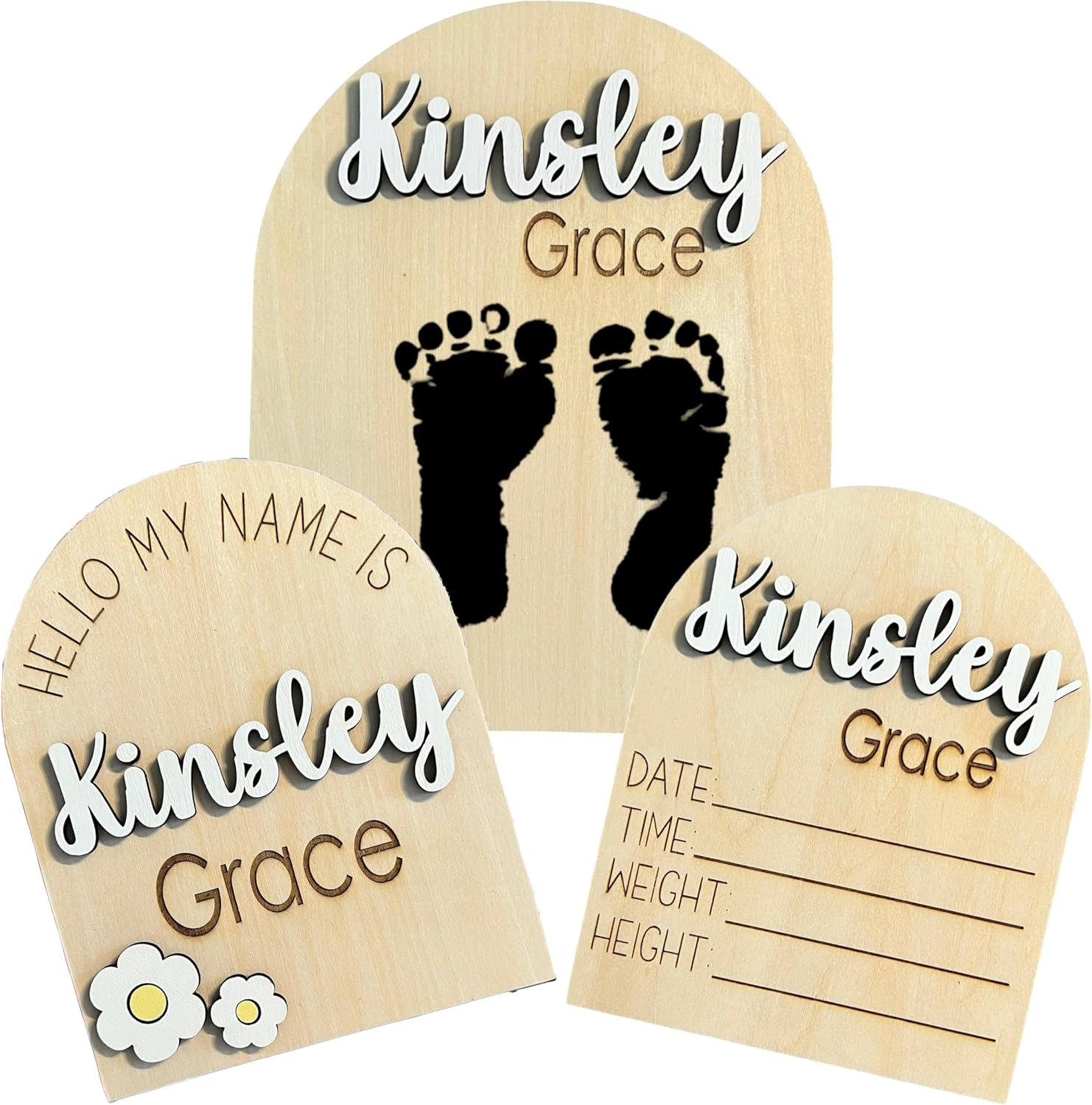 Personalized Arch Birth Announcement Girl Name Sign Bundle with Flowers, Baby Name Reveal, Baby FootPrint Sign for Hospital, Newborn Photo Prop, 19 Fonts, 30 Colors (Full Set - All 3 Signs)