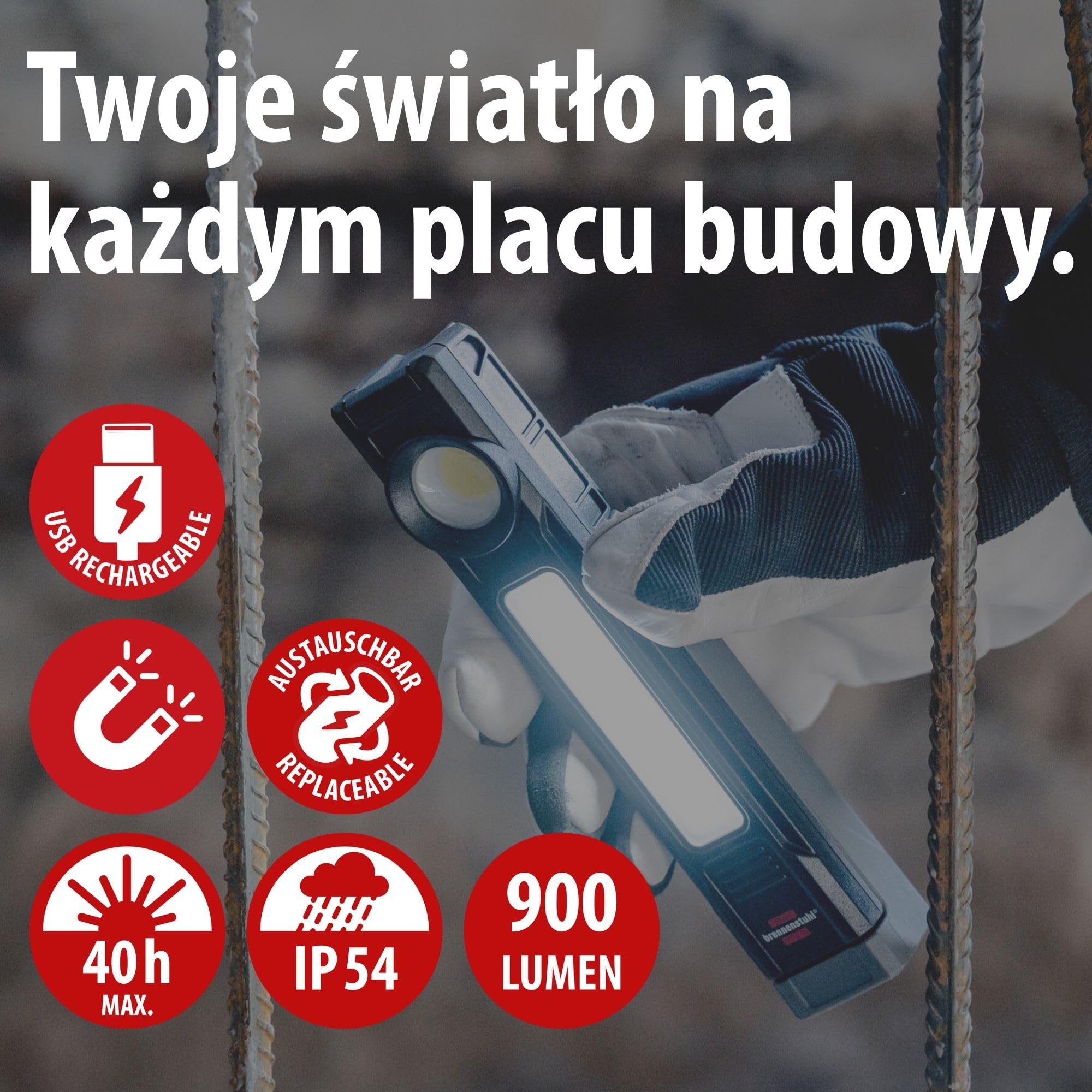 Brennenstuhl Latarka LED akumulatorowa HL 900 A/Lampa robocza z magnesem (3 źródła światła: Spot, COB, SMD, 900lm, stopień ochrony IP54, do 40h pracy, wymienny akumulator, uchwyt 130°, 6500K)