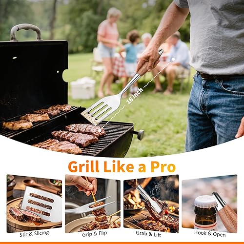 Miniatura 3 de Juego de accesorios de parrilla de 16 pulgadas, accesorios de barbacoa de acero inoxidable resistente, herramientas y accesorios de parrilla para