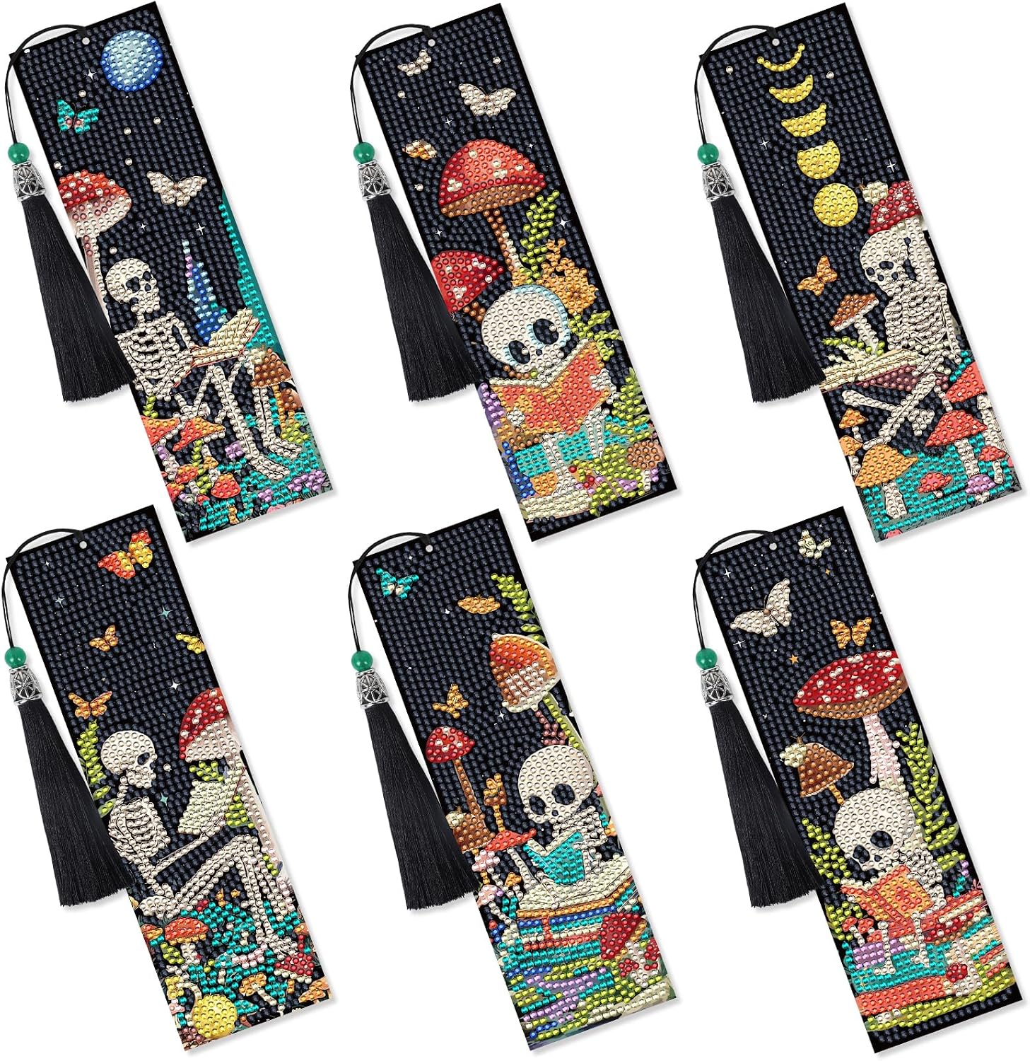 Sitsink Diamond Art Bookmarks Kit - Funny Book Lover Skull Boho Mystic Mushroom Diamond Painting Kits Bookmarks Gem Art Rhinstone DIY Crafts Kit for Adults
