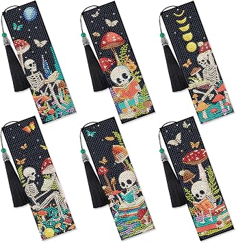 Sitsink Diamond Art Bookmarks Kit - Funny Book Lover Skull Boho Mystic Mushroom Diamond Painting Kits Bookmarks Gem Art Rhinstone DIY Crafts Kit for Adults