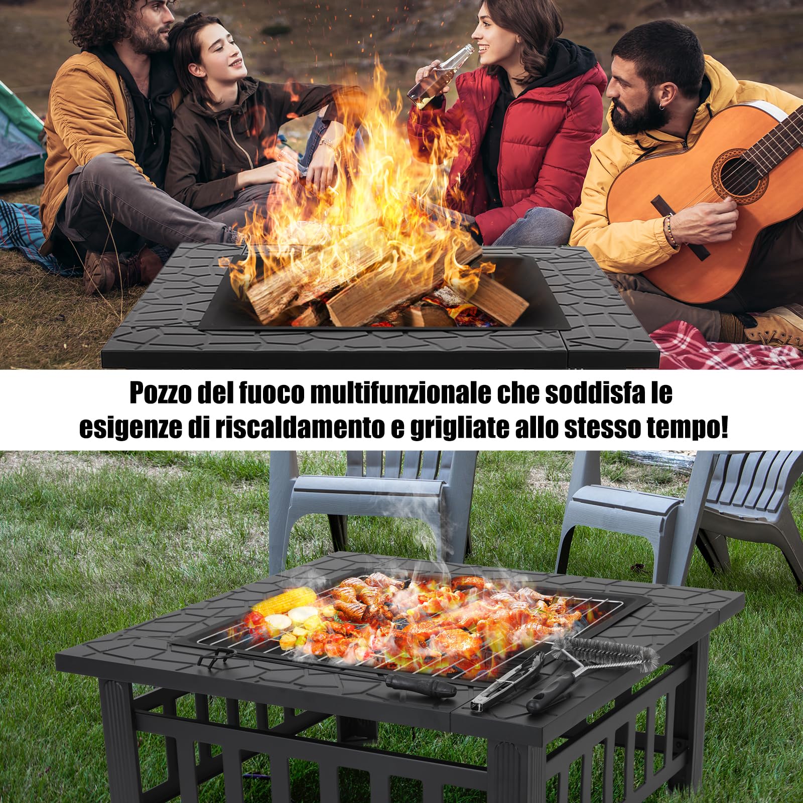 LIFERUN Braciere Barbecue con Griglia Esterno, 81cm Braciere da Giardino | Braciere da Esterno in Ferro,con Griglia, Attizzatoio,Parascintille, Copertura Impermeabile,Pinze per Grill,Spazzola,4 Gamba