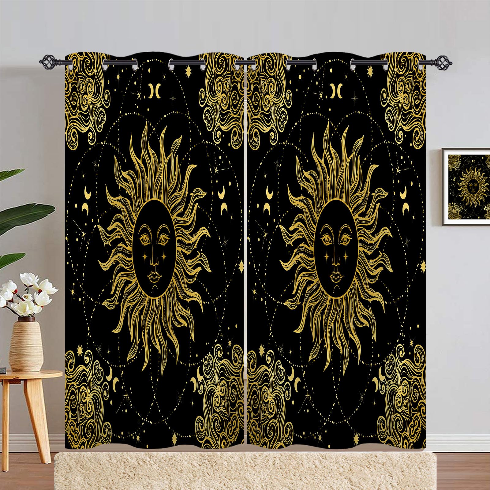 ANHOPE Sun Curtains Eyelet Thermal Insulated Blackout Curtains Vintage Boho Moon Stars Print Pattern Ring Top Drapes for Bedroom Living Room 55 x 84 Inch Drop 2 Panels — image 1