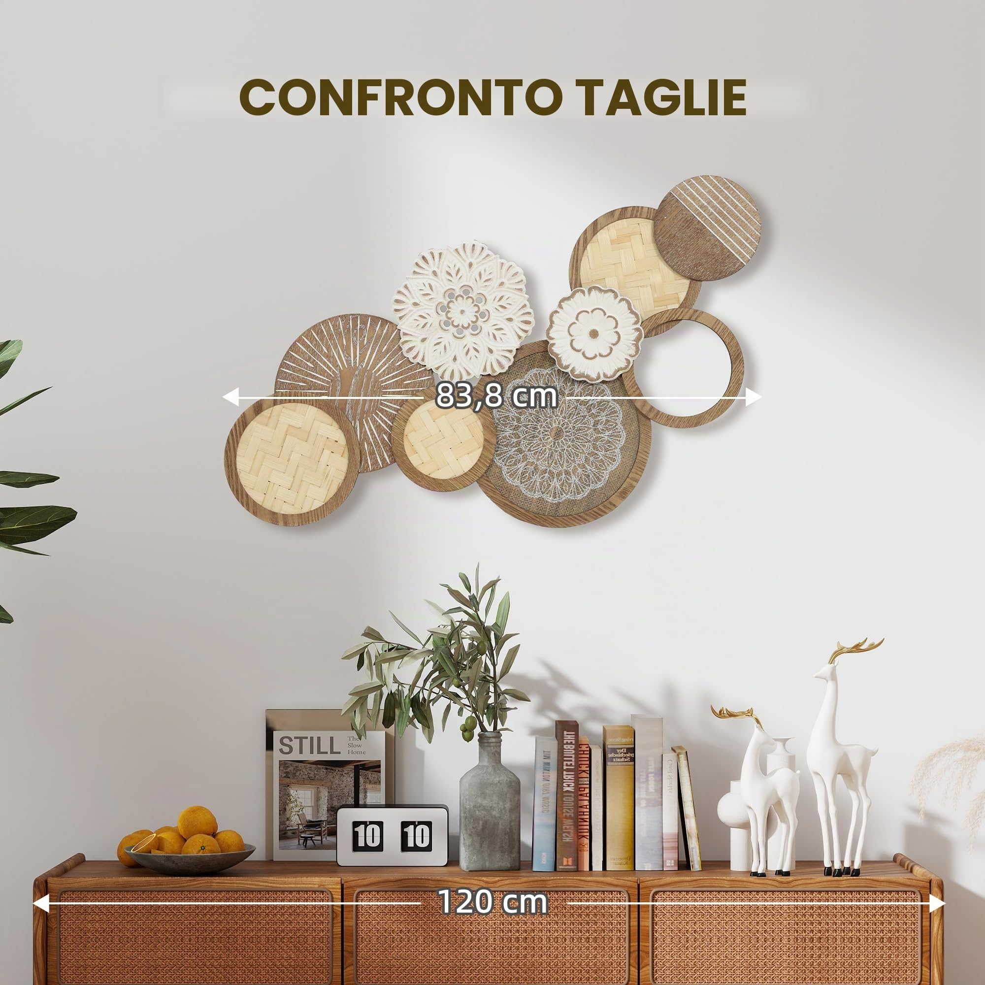 HOMCOM Decorazione murale in legno moderna, scultura murale in legno geometrica, design unico a più dischi, decorazione sospesa per soggiorno, camera da letto, ufficio, 83,8 x 44,5 cm, legno naturale