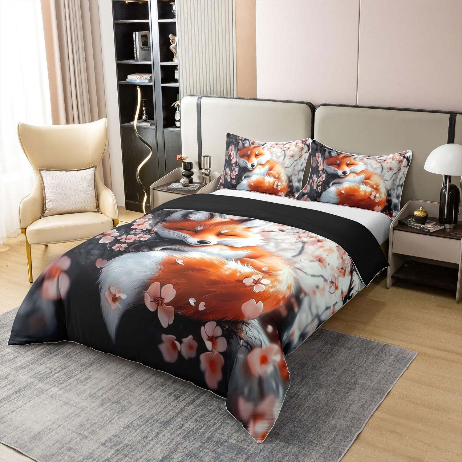 Feelyou Fox 100% Cotton Duvet Cover Twin Size Kids Japanese Cherry Blossoms Comforter Cover Set Boys Girls Teens Cute Cartoon Fox Bedding Set Woodland Fox Bedspread Cover Nature Wildlife Quilt Cover