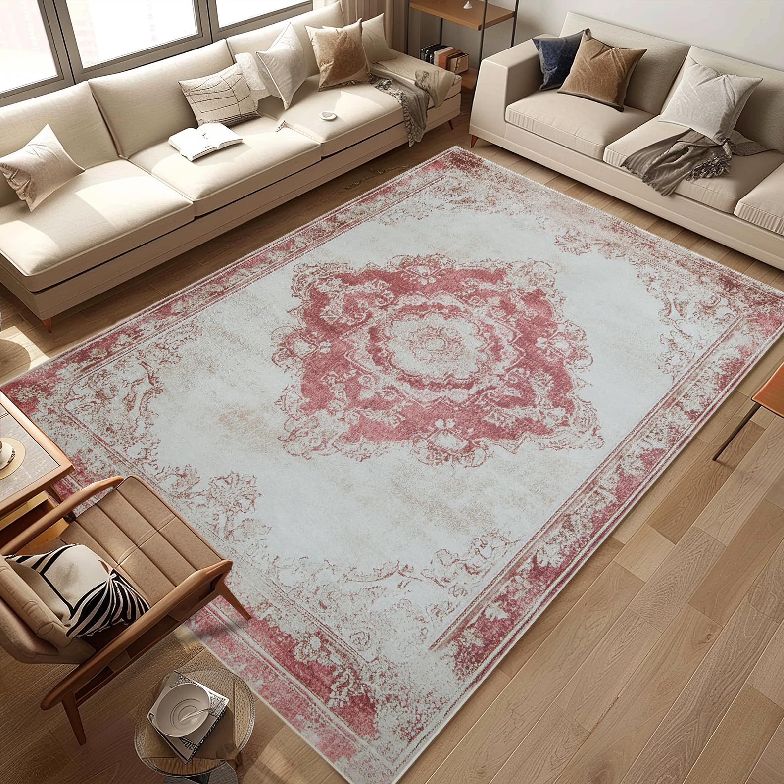Pink Boho Area Rug 6x9 Vintage Large Carpet Machine Washable Door Mat Low Pile Indoor Outdoor Floor Rugs Floral Medallion Non Slip Rug for Living Room
