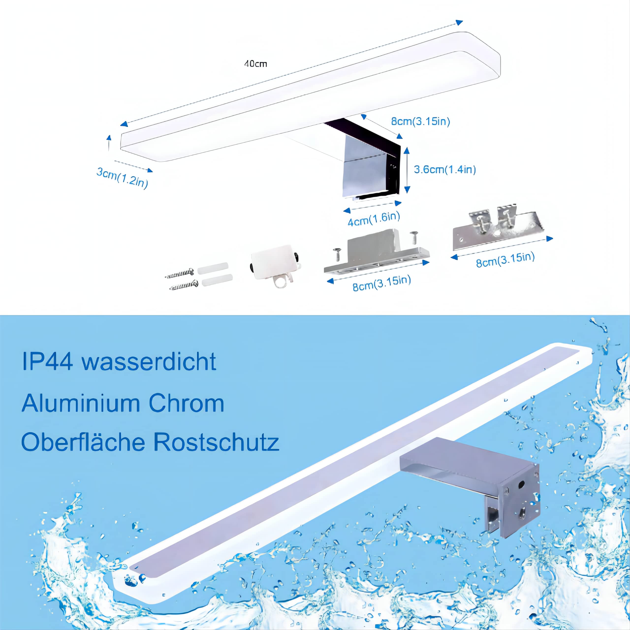 aplique de baño de 40cm, luz de espejo LED de 10W, 800lm, lámpara de 230VAC, 4000K, luz de espejo de maquillaje blanco neto, IP44, acero inoxidable cromado