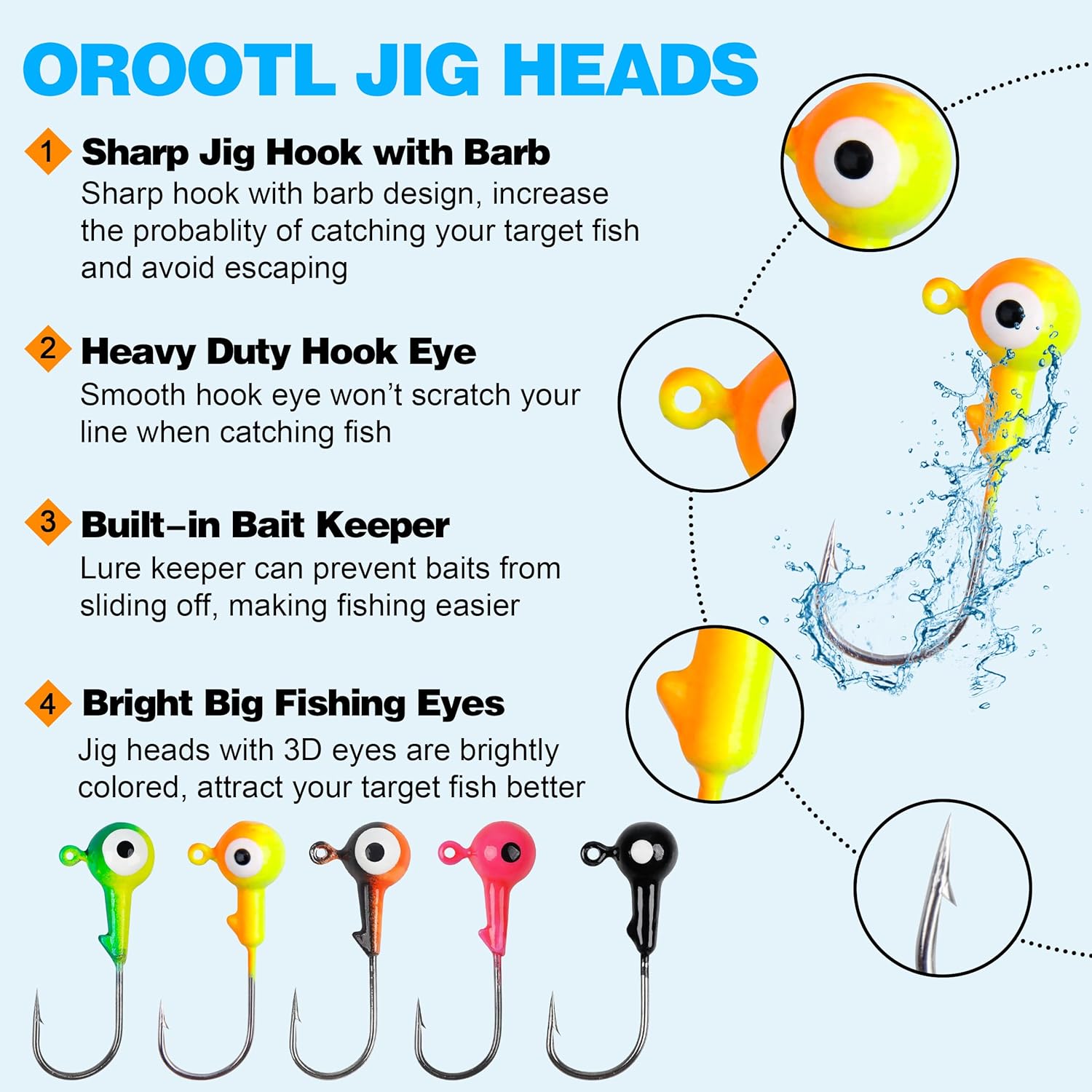 OROOTL Fishing Jig Heads Hooks Set, 60pcs Assorted Round Jig Head with 3D Eyes Painted Jig Heads for Crappie Bass Walleye 3/8oz 1/4oz 1/8oz 1/16oz 1/32oz Saltwater Freshwater Fishing Tackle Kit