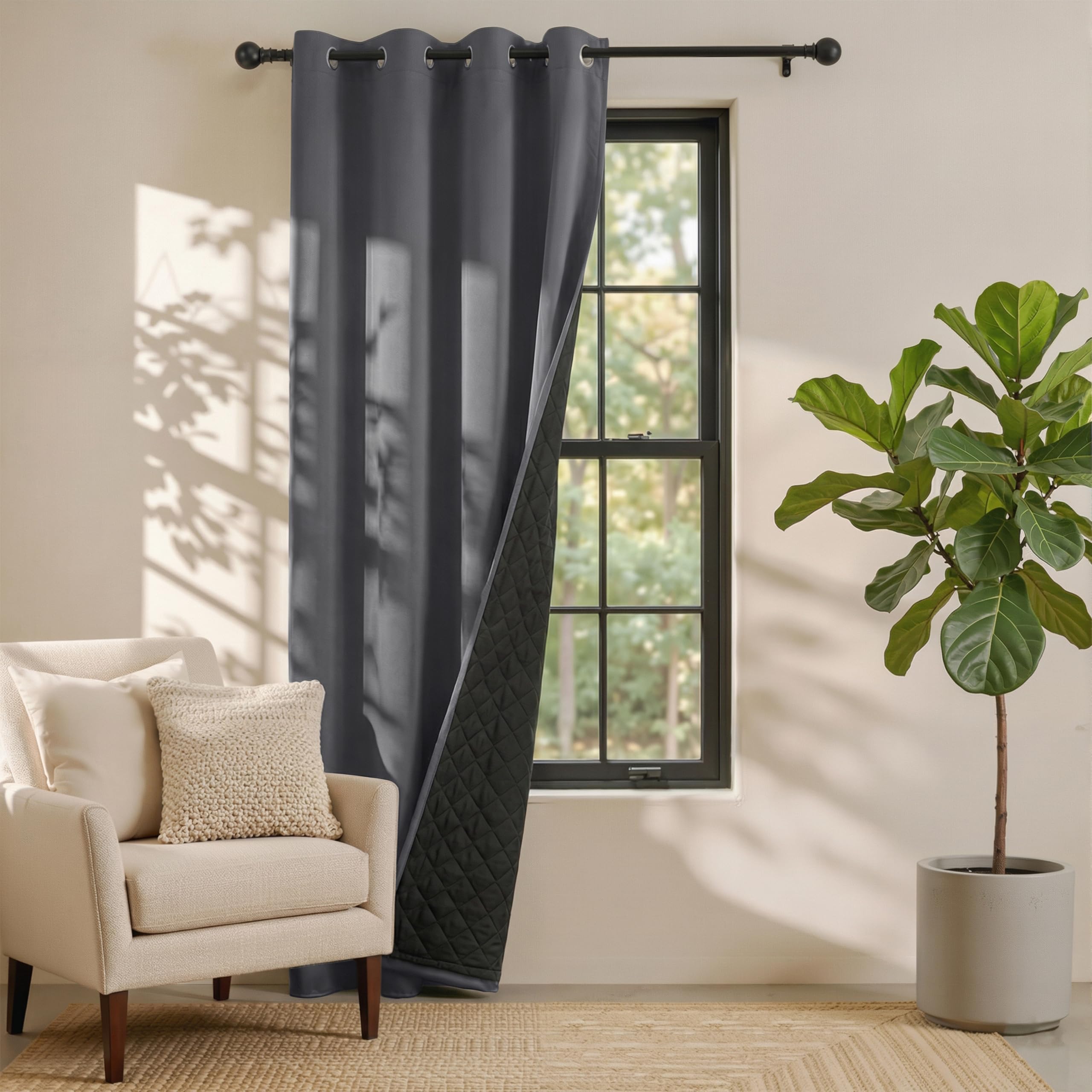 PONY DANCE Thermal Insulated Blackout Door Curtain, 2-Layers Extra Long Cold Insulated 100% Blackout Winter Curtain, Windproof Thick Panel for Living Room/French Door, 52x90 inches, Grey