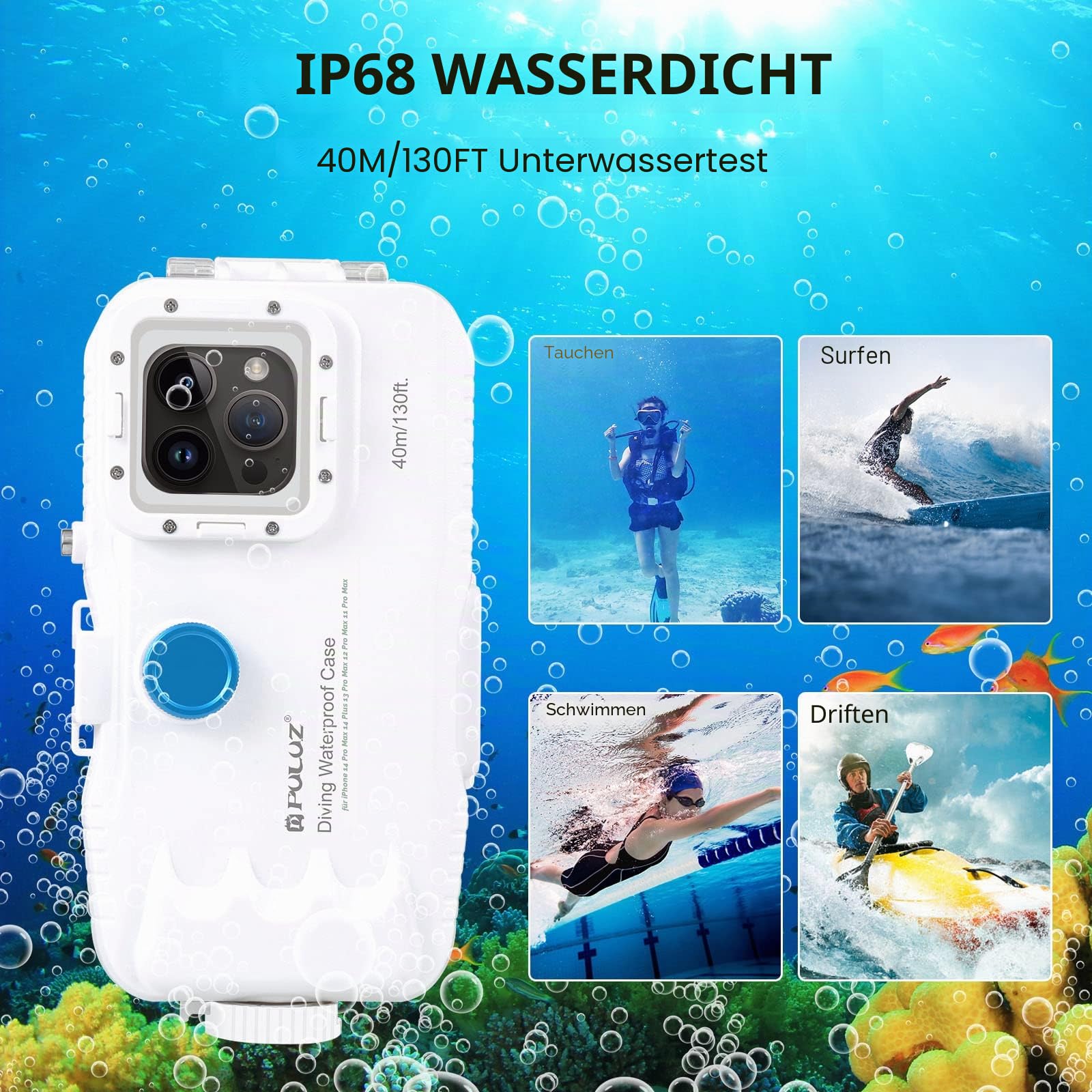 PULUZ wasserdichte Schutzhülle für iPhone 15/14/13/12/11 Pro Max 6.7 Zoll, 40 m Foto Video Hülle Unterwassergehäuse zum Tauchen Schnorcheln handyhülle, Surfen, (Nicht für ISO 26 System)
