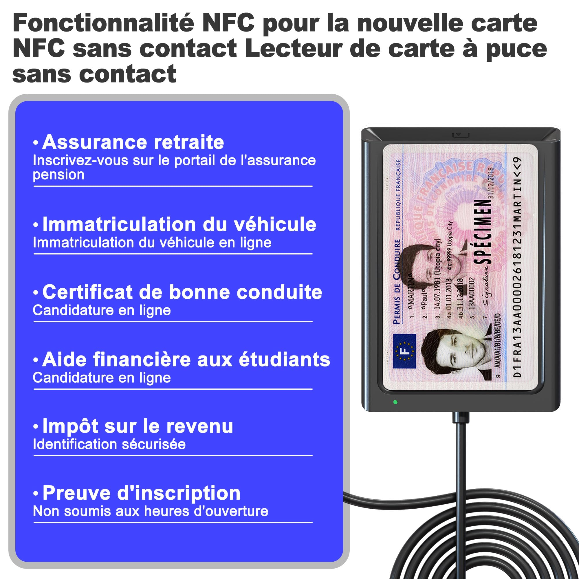 Lecteur de Carte Identité Belge & Française avec NFC - Lecteur de cartes Type-C/USB pour Carte Vitale CPS/Chronotachygraphe/Conducteur poids lourds/Digitale Signature, Conforme ISO 14443-4 et ISO 7816