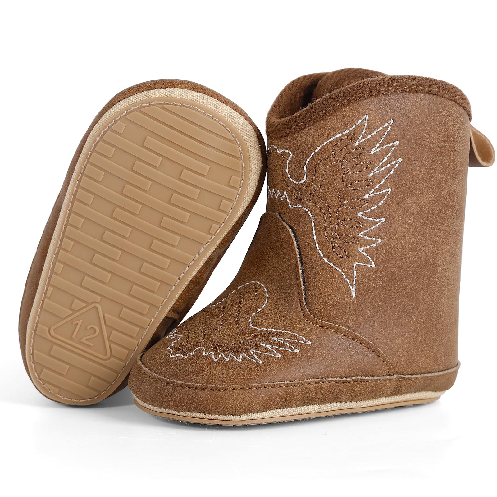 DUONITITI Infant Toddler Western Boots Cowgirl Cowboy Soft Rubber Sole Booties First Walker Shoes for Girls Boys 3-6 Months, Brown