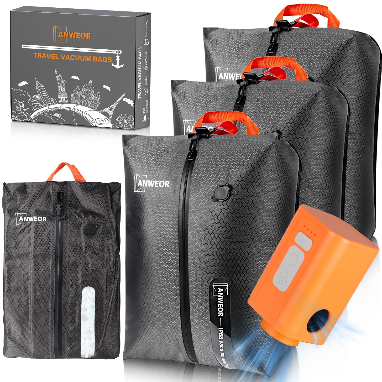 Overpack Vakuumbeutel für Reisen mit kabelloser Pumpe, 3 Stück 28 l Beutel
