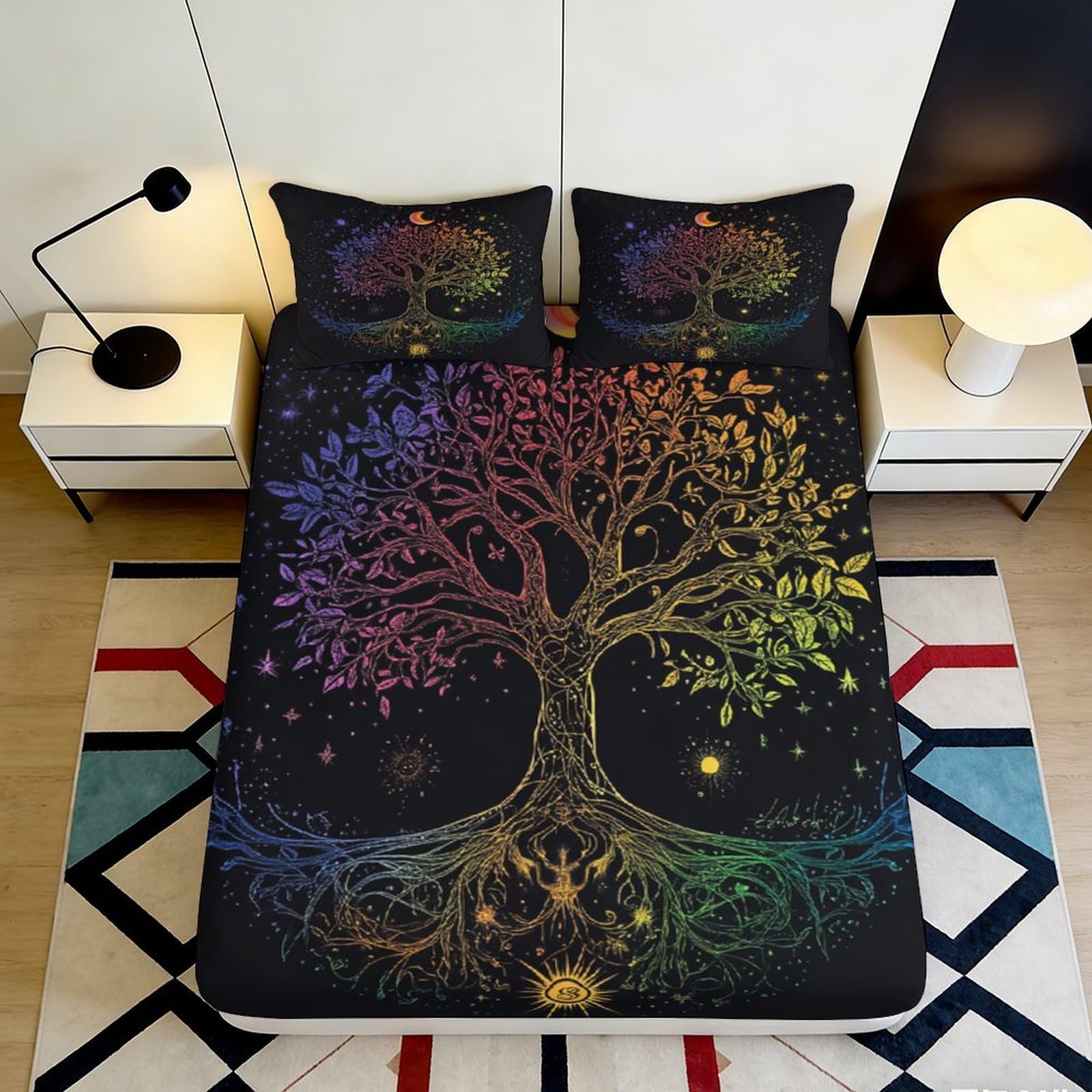 3D Printed Rainbow Tree of Life Fitted Sheet Microfiber Bedroom Decor Dream Roots Mattress Cover Anti-Slip Easy Care 90x200x25cm