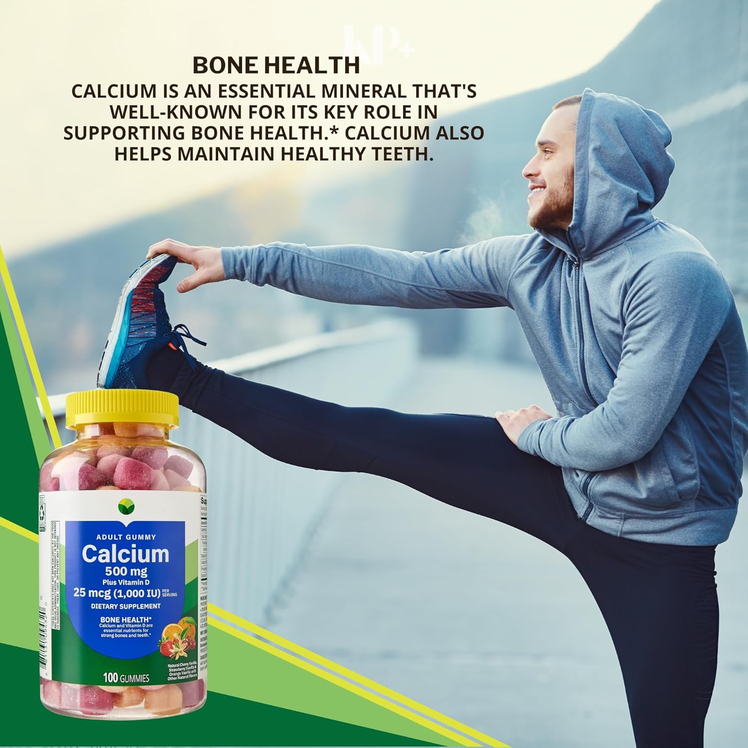 KP+ Calcium Gummies 500 mg with Vitamin D 25 mcg (1,000 IU) | 100 Gummies | Natural Fruit Flavors | Pack of 1