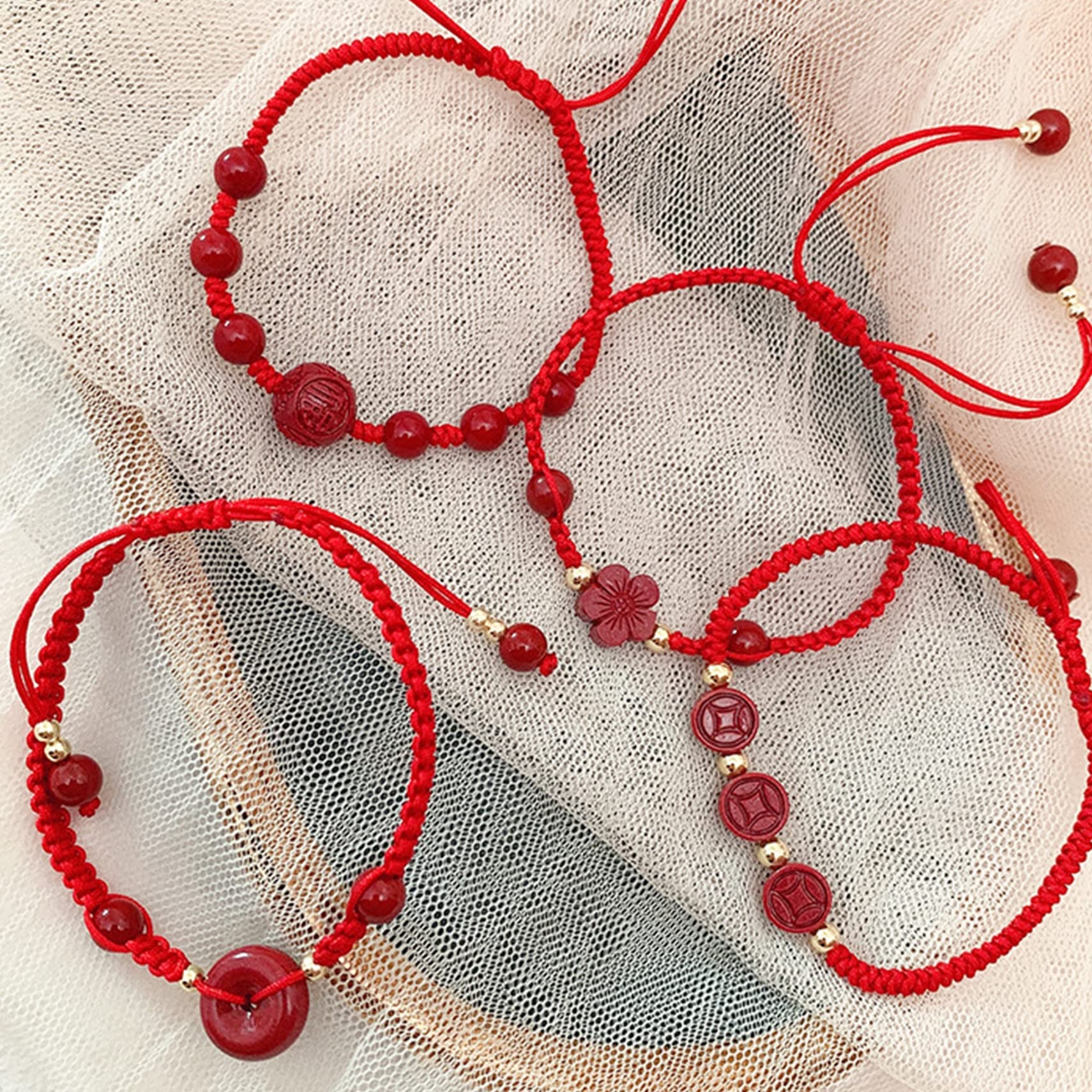 Pulsera de la Suerte, Pulsera Feng Shui, Hilo Rojo, Piedra Preciosa, Cristal cinabrio para Mujeres y Hombres, Hebilla armonía/Amuleto Dona, Chakra.