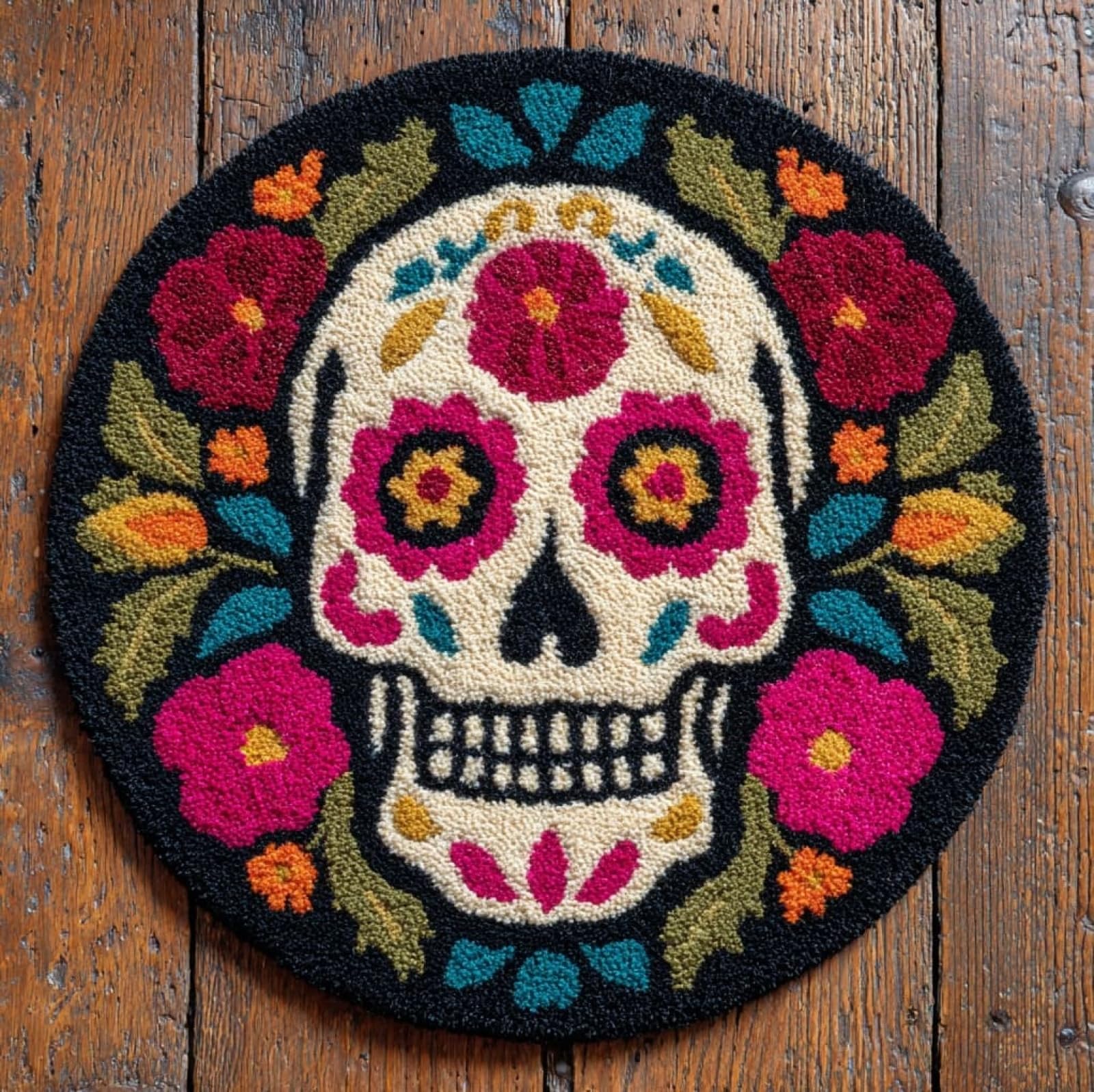 WallustrioaW Latch Hook Rug Kit,Skulls and Flowers,Pre-Printed Pattern Canvas Tapestry Embroidery Adults Handicrafts DIY Craft Cross Stitch Kits,50x50cm