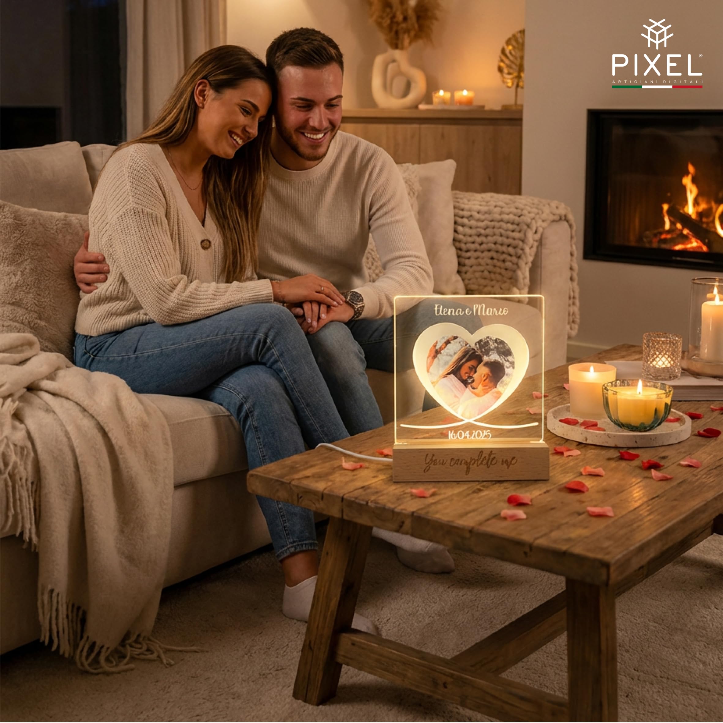 Pixel Artigiani Digitali Lampada a Forma di Cuore con Foto Personalizzata – Idea Regalo per Coppia, Fidanzati, Anniversario, San Valentino – Luce - festa del papà – idea regalo Natale - Made in Italy