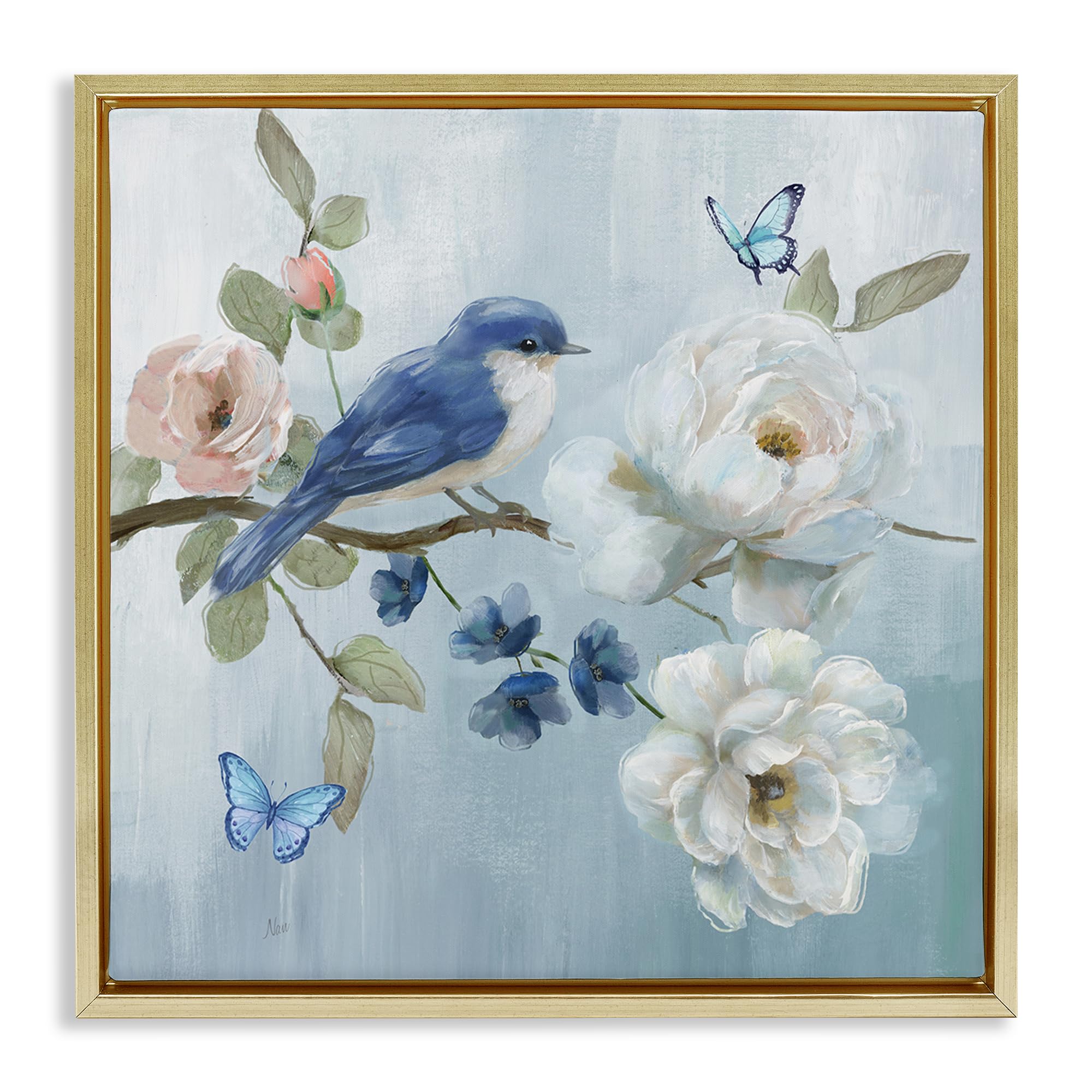 Stupell Industries Blue Bird Floral Serenity 'Blue Bird Tranquility', Floating Frame Canvas Art, Gold, 18 X 18 Inches, Easy To Hang And Sturdy, Made In Usa, By Nan