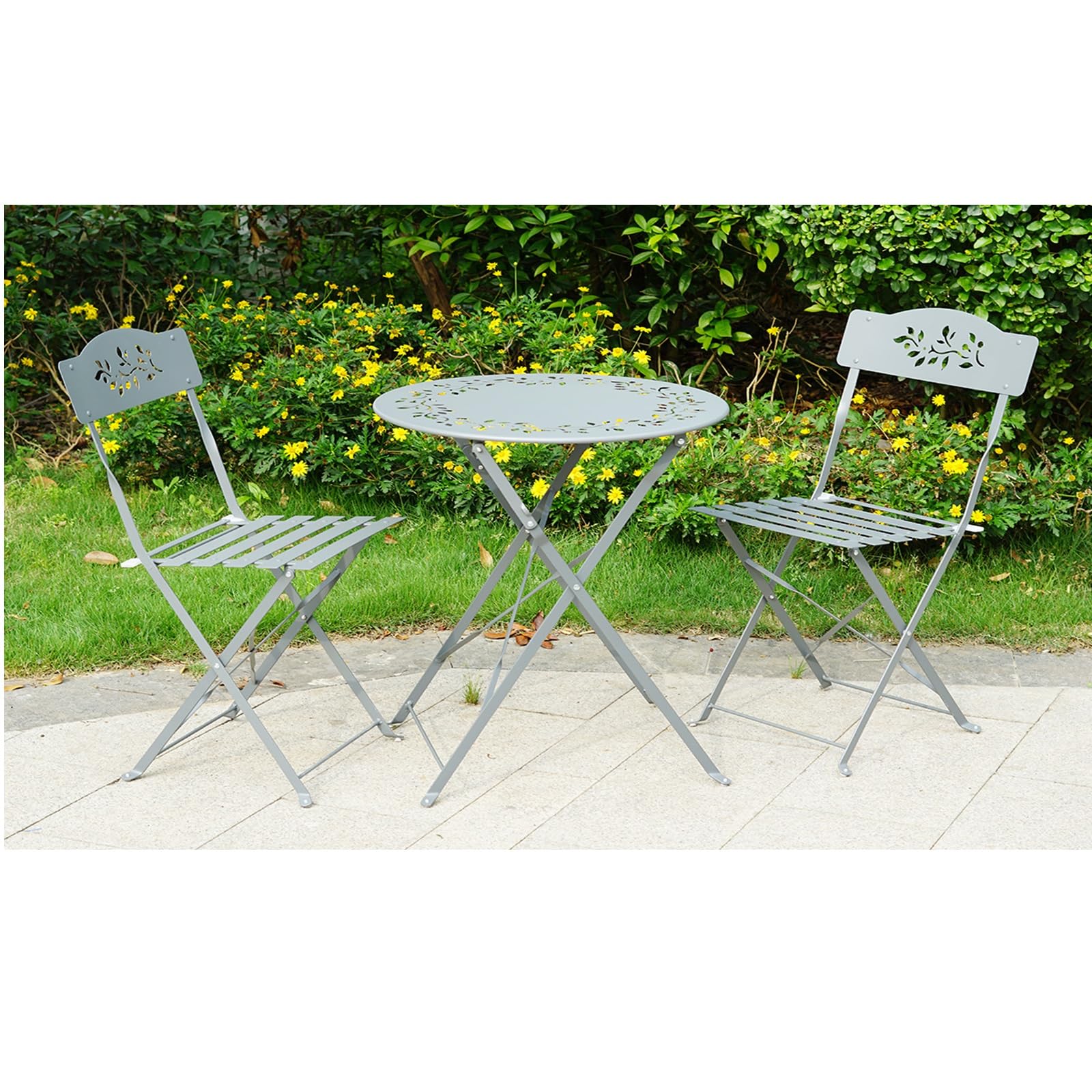 Gr8 Garden 3 Piece Grey Metal Garden Outdoor Balcony Patio 2 x Folding Chairs Round Foldable Table Bistro Furniture Set Olive Leaf Leaves Design