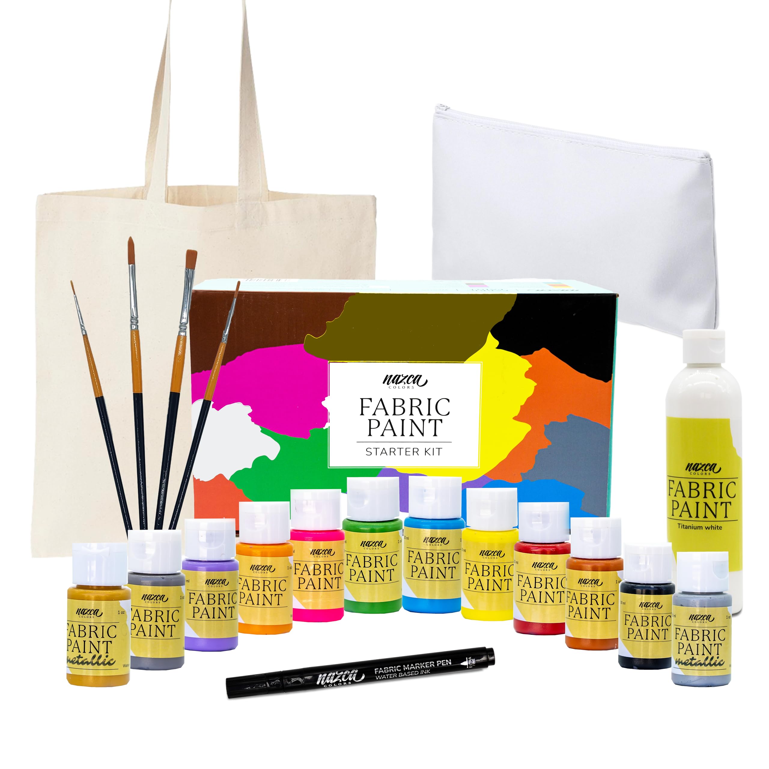 Nazca Colors Fabric Paint Starter Set - Textile Paint Kit with 10 Colours + 2 Silver & Gold 30ml, 100ml White Paint Pot, Black Fabric Marker, 4 Brushes, Tote Bag & Toilet Bag to Start Customizing