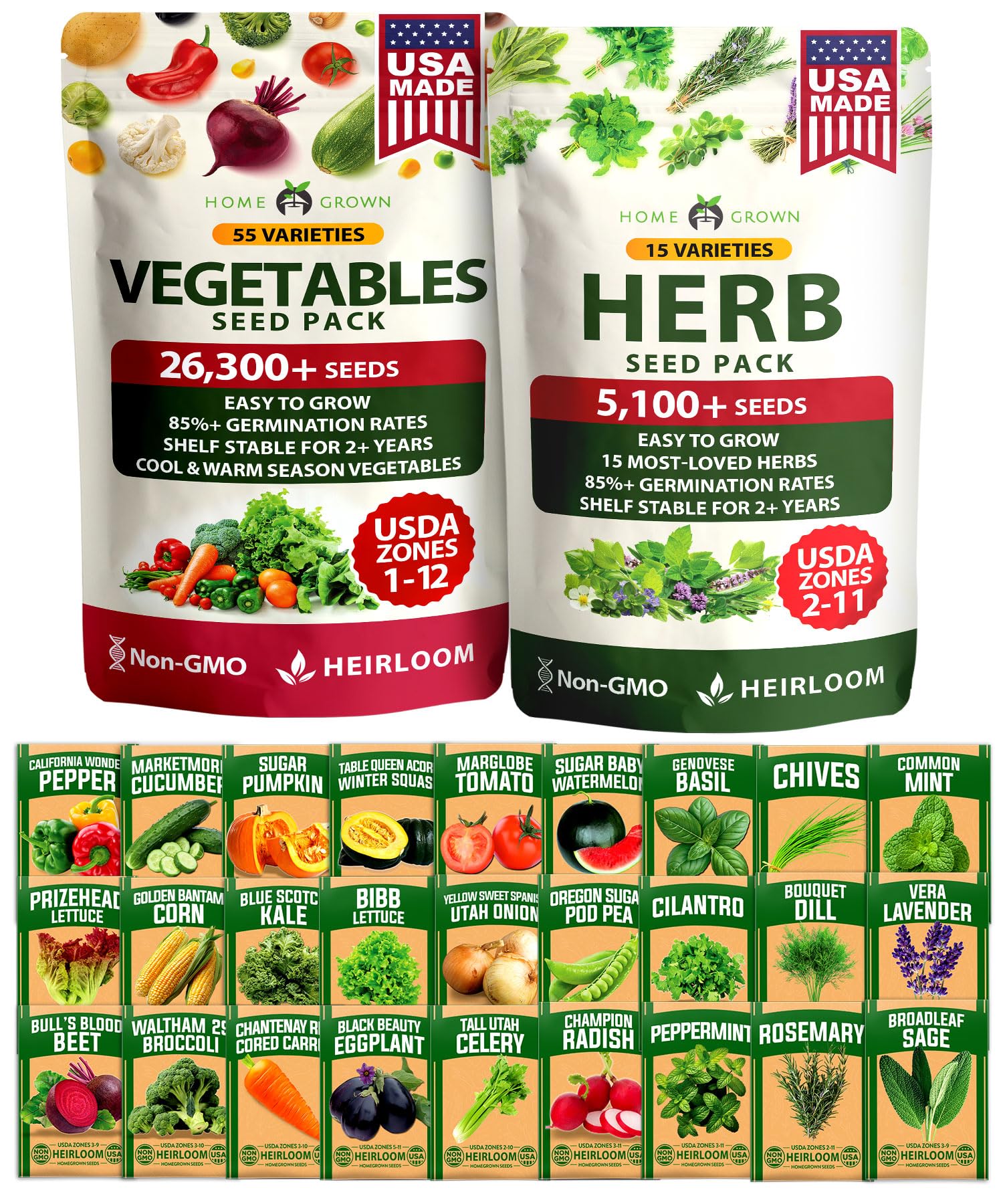 HOME GROWN 70 Variety Vegetable & Herb Seeds 32,000+ USA Non-GMO Heirloom Survival Seeds Garden Kit for Spring, Fall, Winter Indoor & Outdoor Planting Starter Set for Home Gardeners & Preppers