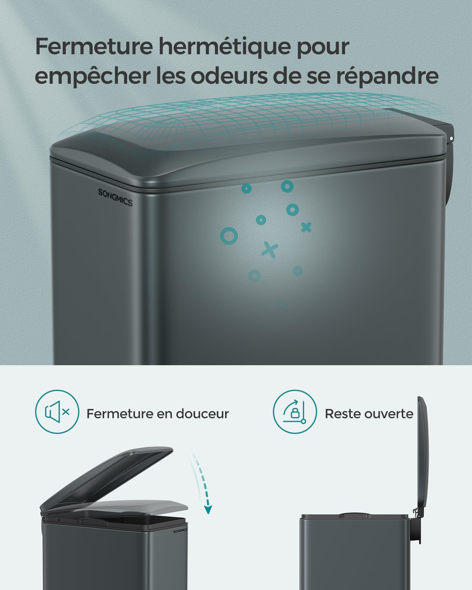 SONGMICS Poubelle de Cuisine 48L, Poubelle à Pédale, Acier, Gris Anthracite