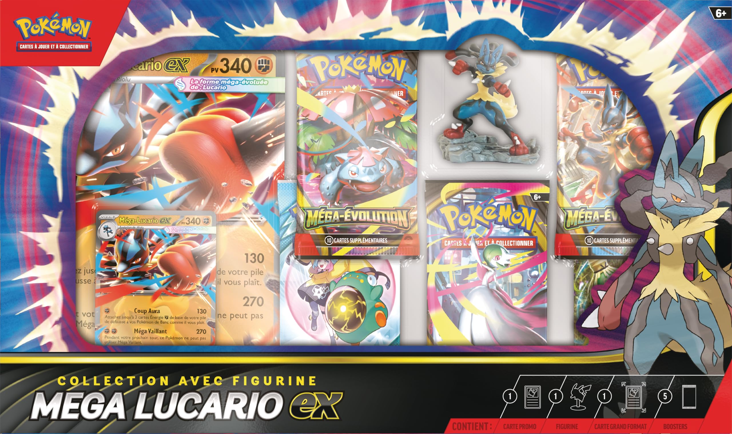 Pokémon : Collezione con statuetta Mega-Lucario-ex (1 carta promozionale lucida testurizzata, 1 carta promozionale di grandi dimensioni, 5 booster e 1 statuetta di Mega-Lucario) del GCC Pokémon