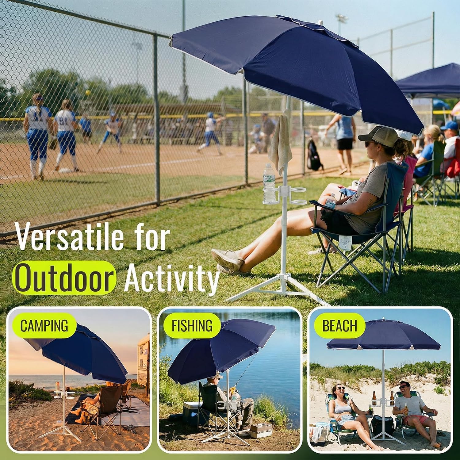 PASAMIC 7ft Portable Umbrella with Stand, UPF 50+ Sports Sun Shade Umbrella with Carry Bag, Hook & Cup Holders, Adjustable Instant Sun Protection for Sports, Beach, Fishing, Navy Blue