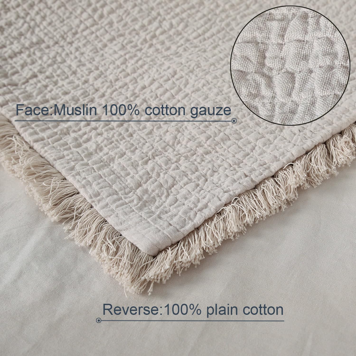 YINFUNG Quilted Pillow Shams Natural Beige Linen Queen Set of 2 Muslin Cotton Farmhouse Oatmeal Tassel Fringe Pillowcases Matelasse Boho Decorative Textured Gauze 20×30 Light Brown