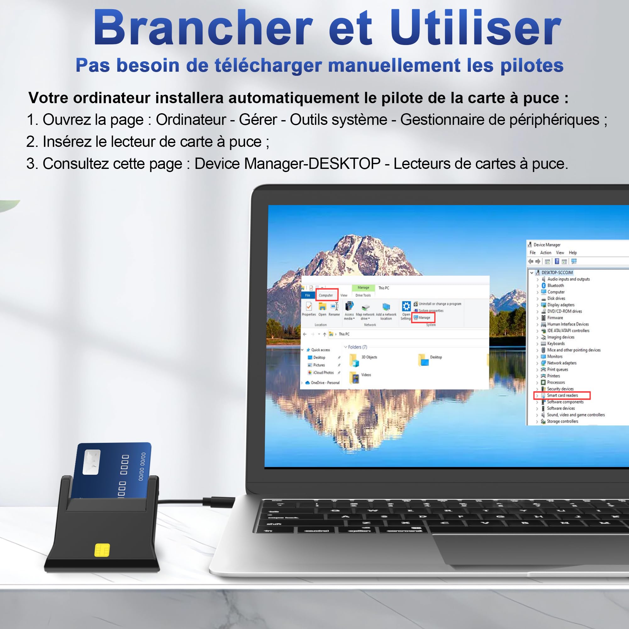Lecteur Carte Identité Belge - ID Card Reader-Plug & Play-Conforme ISO 7816 Classe A,B,C, Câble de 50cm pour Identité Belge, Pas de Pilote nécessaire - LED de Contact