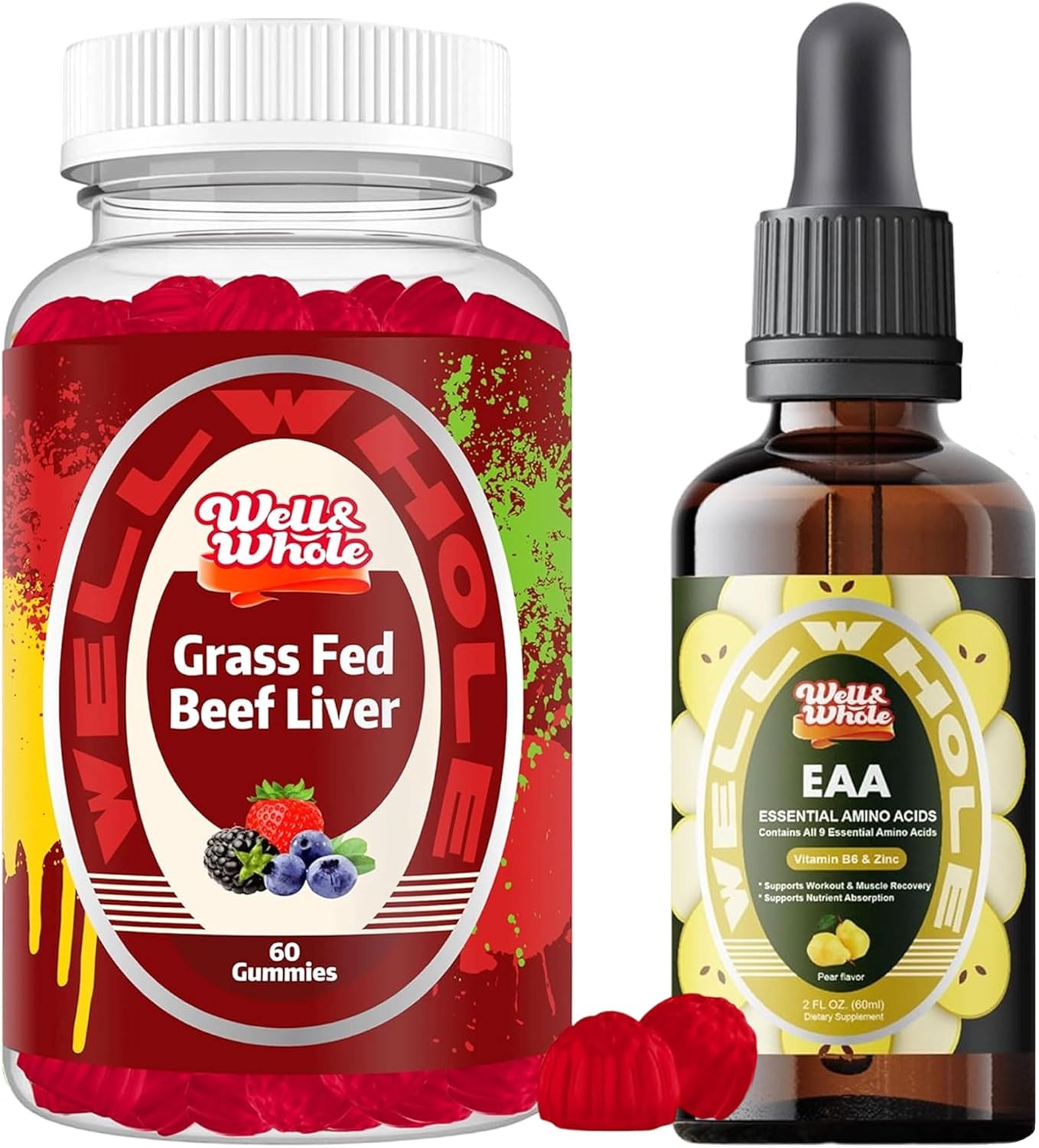 Well&Whole Grass Fed Beef Liver Gummies and Essential Amino Acid (EAA) Liquid Drops & Liver Support Liquid Supplement