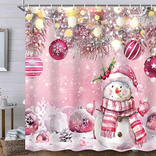 Miniatura 2 de Cortina de ducha de Navidad de invierno, muñeco de nieve, bola rosa, copo de nieve, árbol de pino, cortina de baño para decoración de vacaciones,