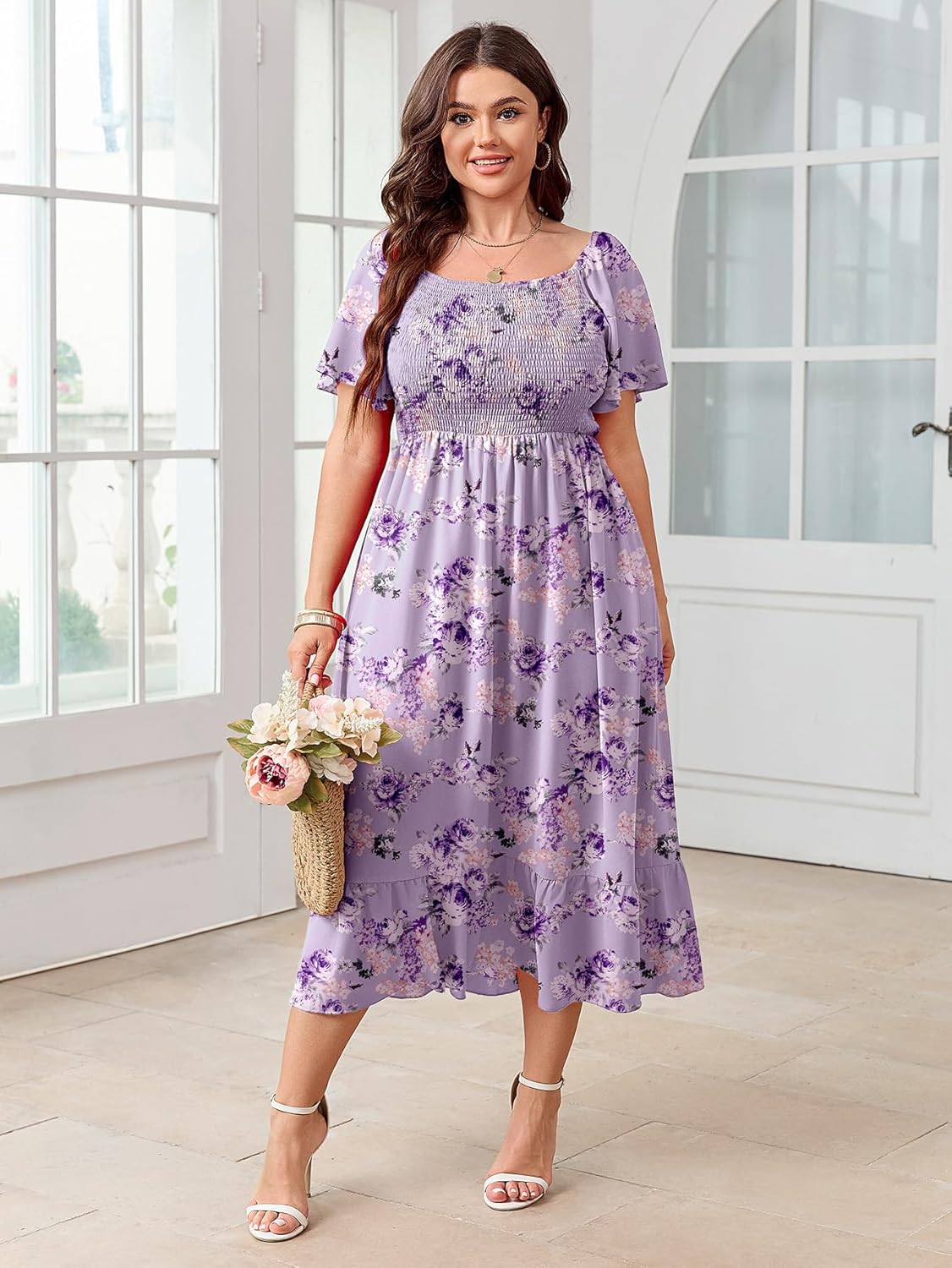 SCOMCHIC Women's Plus Size Summer Dress Casual Short Sleeve Scoop Neck Maxi Dress Smocked Ruffle Boho Flowy Long Dresses - Image 5