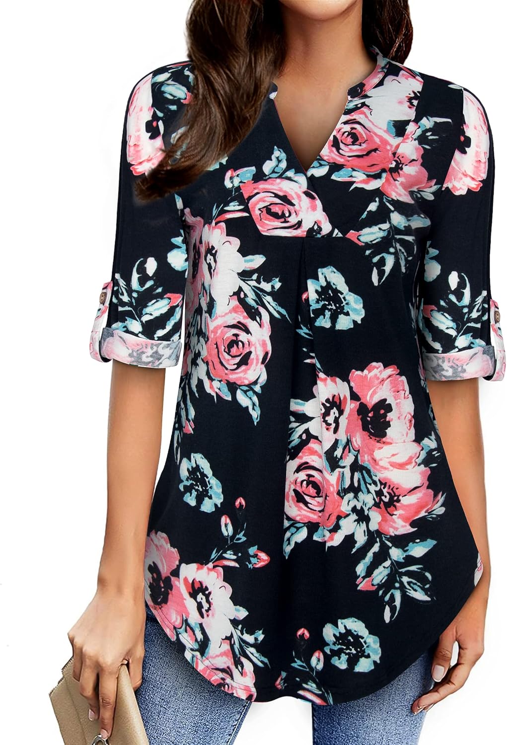 Womens Notch V Neck 3/4 Sleeve Dressy Tunic Shirts Work Blouse - Image 2