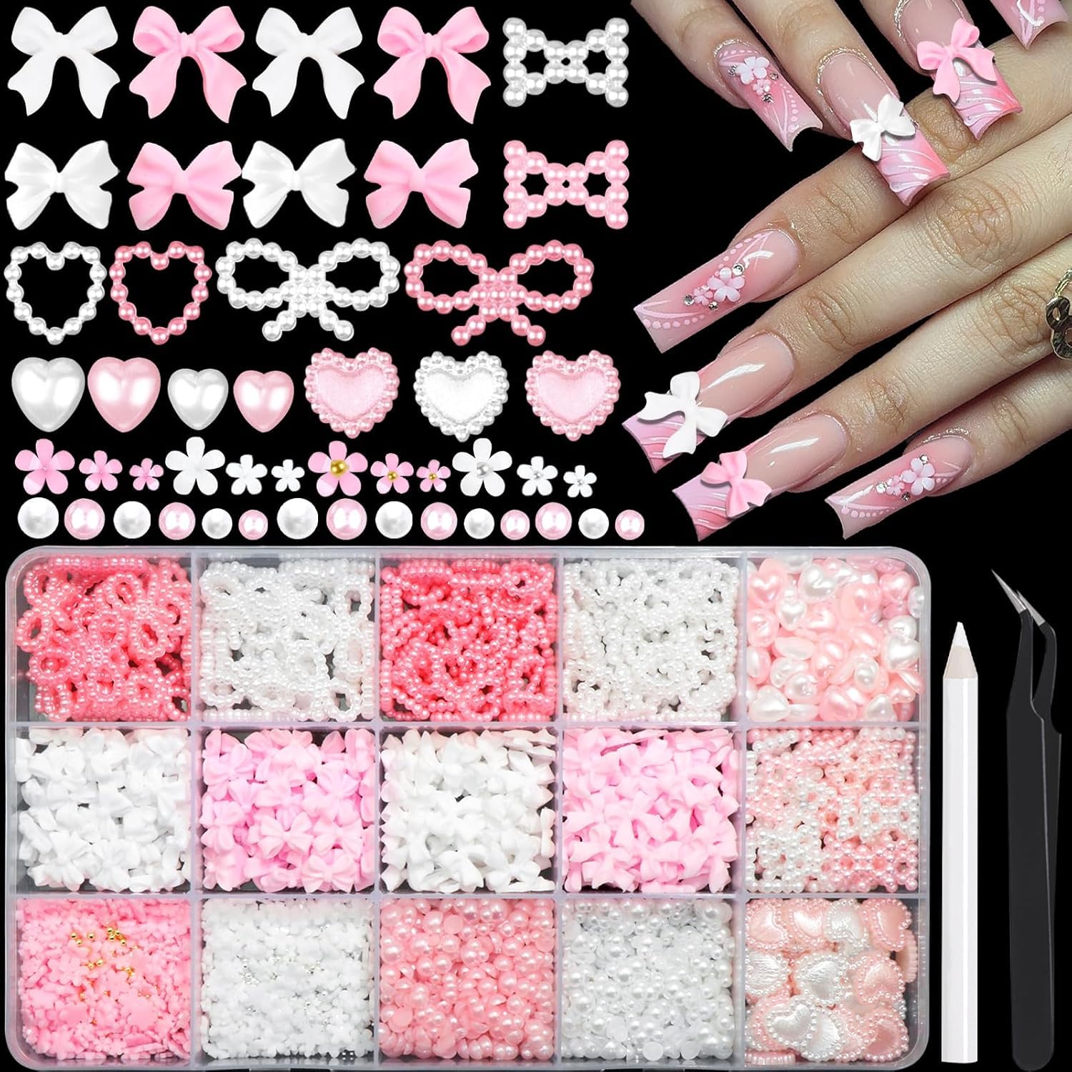 NTRUXZP Nail Art Dekoration – 100 Stück, Mit Herzen, Schleifen & Perlen, 3D-Resin-Designs Für Nagelkunst