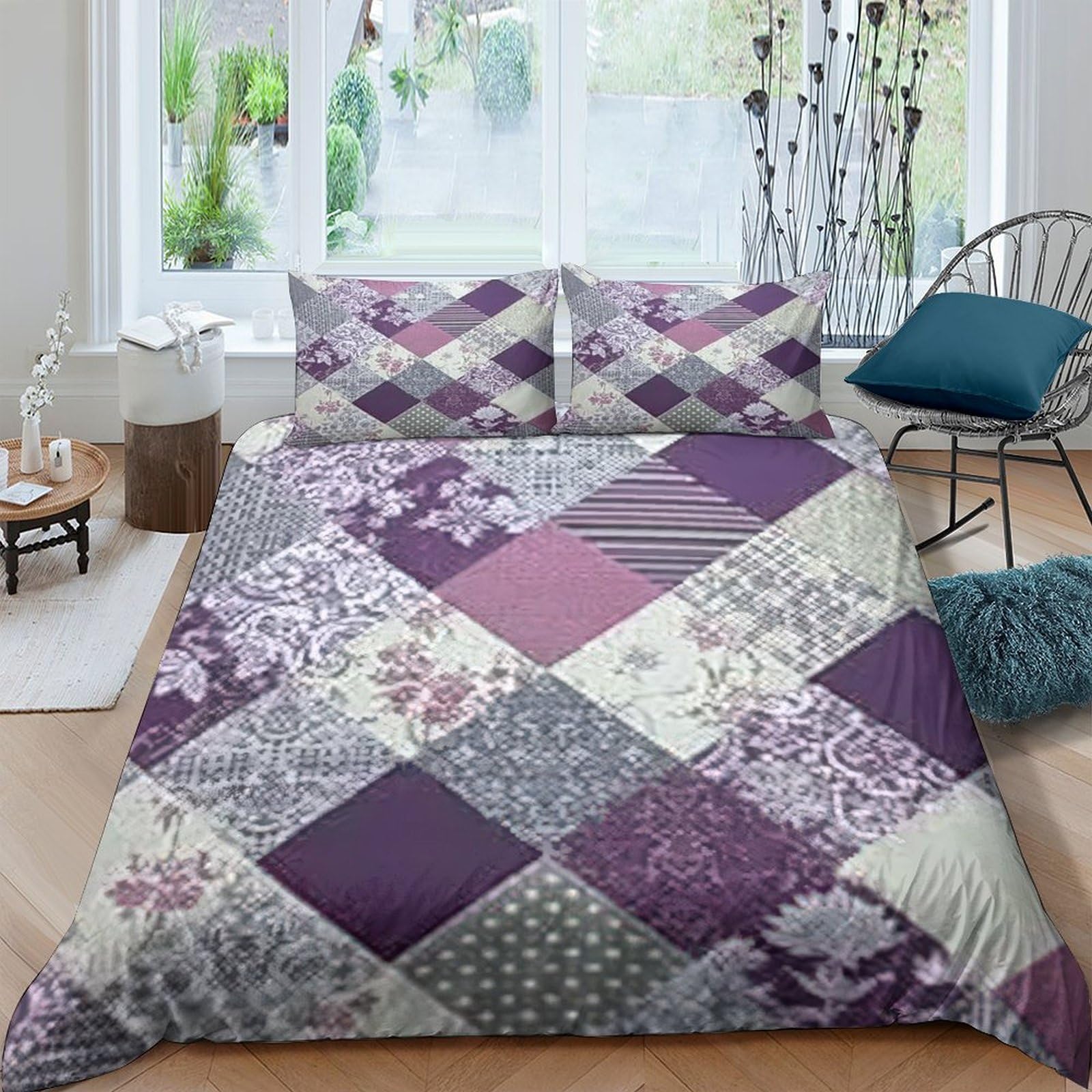 GPLZQXKJNH 3D Printed Patchwork Floral Duvet Cover Set Microfiber Soft Breathable Geometric Bedding Set with 2 Pillowcases for Bedroom Decor, Suitable for Home Rental Dormitory Single（135x200cm）