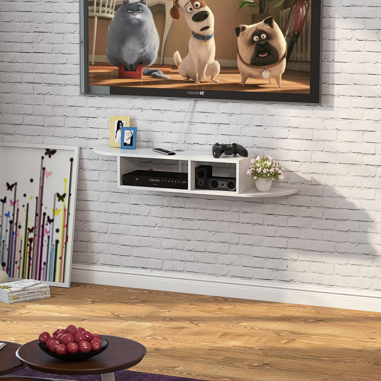 Tribesigns 2 Tier Modern Wall Mount Floating Shelf TV Console 43.3x9.4x7 inch for Cable Boxes/Routers/Remotes/DVD Players/Game Consoles (White)