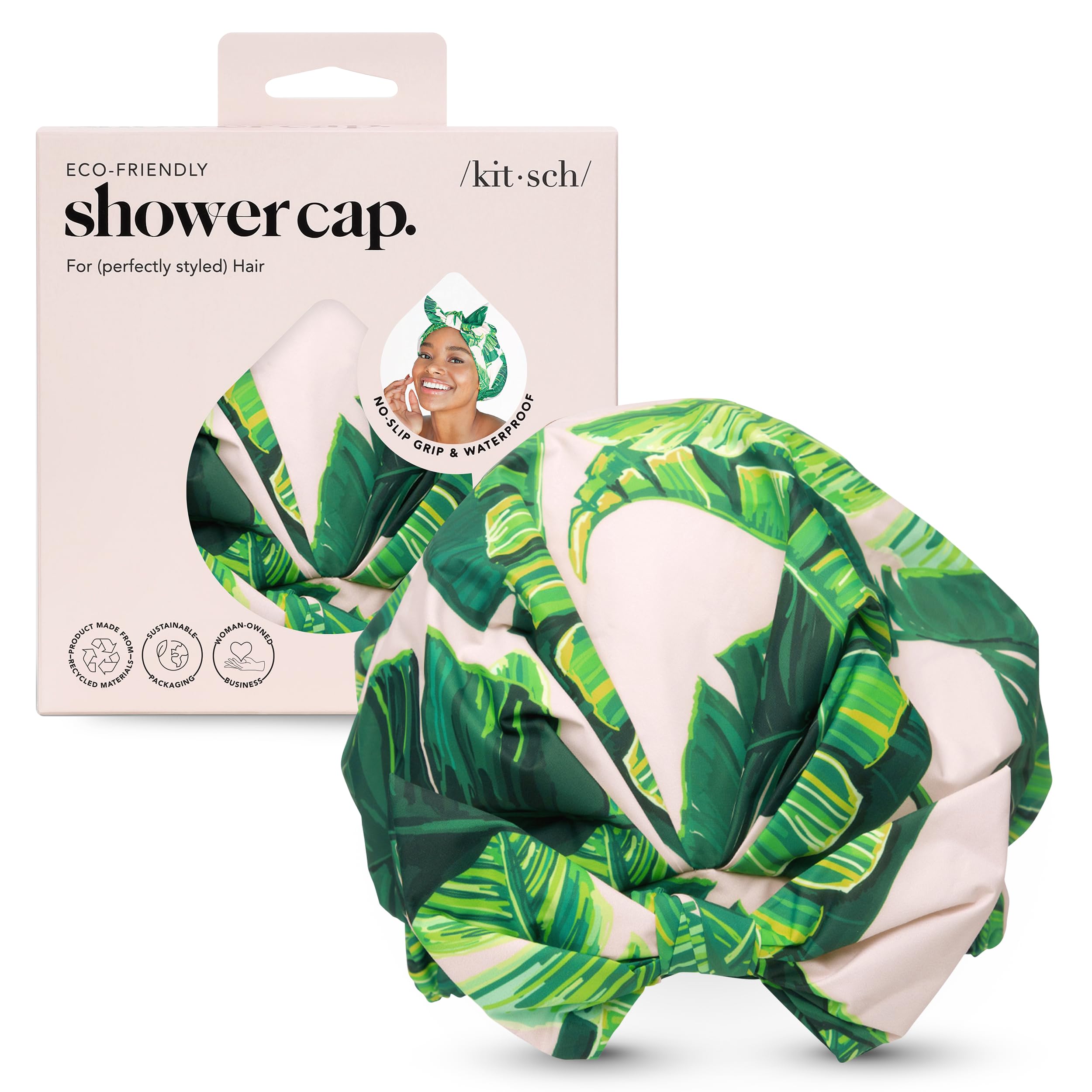 Kitsch Luxury Shower Cap for Women - Reusable Shower Cap for Long Hair with Non Slip Silicon Grip | Waterproof Hair Cap for Shower with One Size Fits Most | Stylish Hair Cover for Shower (Palm Leaves)