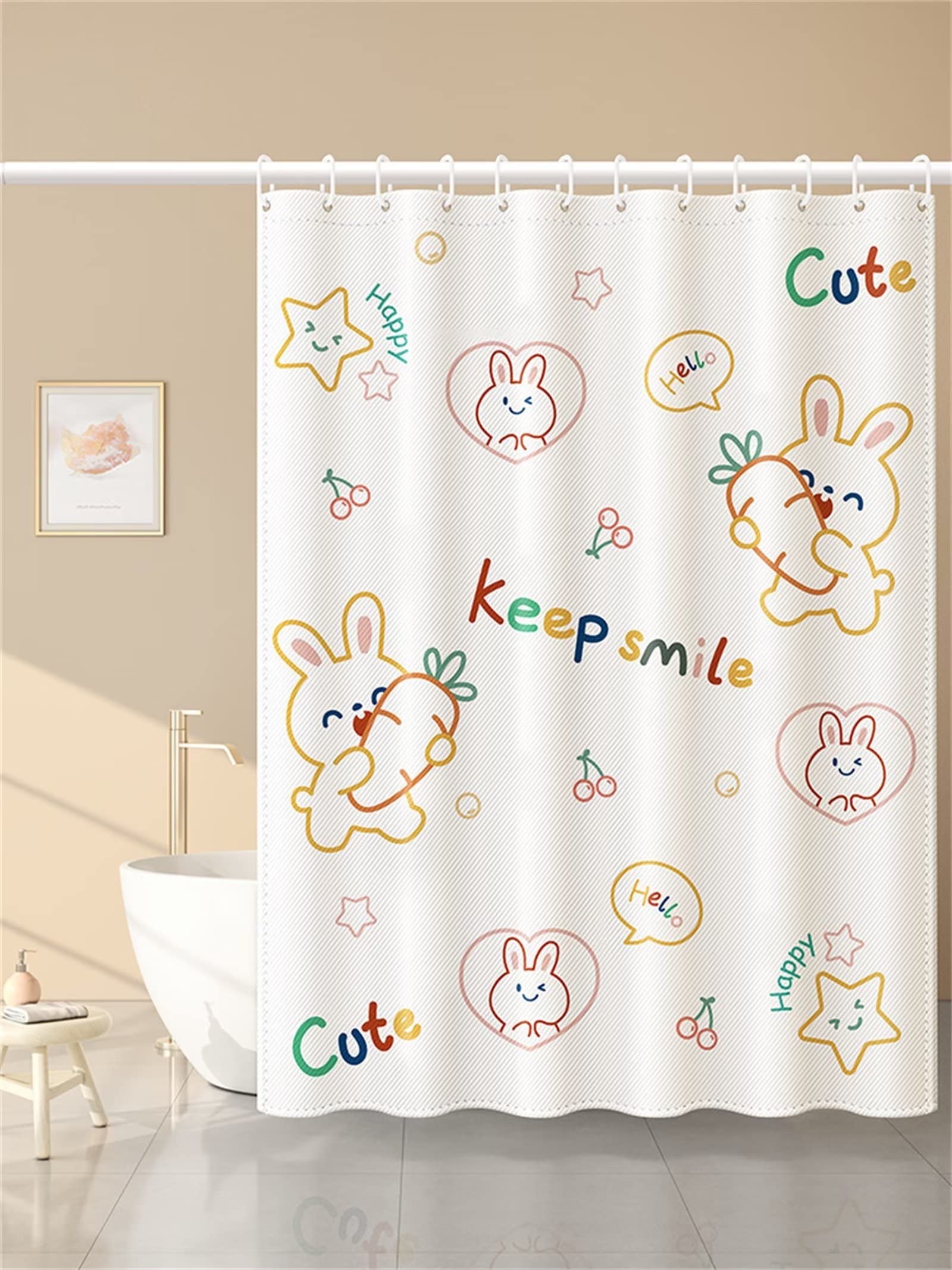 Cortina de Ducha Impermeable, Lindo Conejo Blanco Cortina de Baño W180cm x L240cm con Gancho Antimoho Lavable Cortinas Impermeables Exterior, 3D Shower Curtain decoran la bañera del baño Cortinas