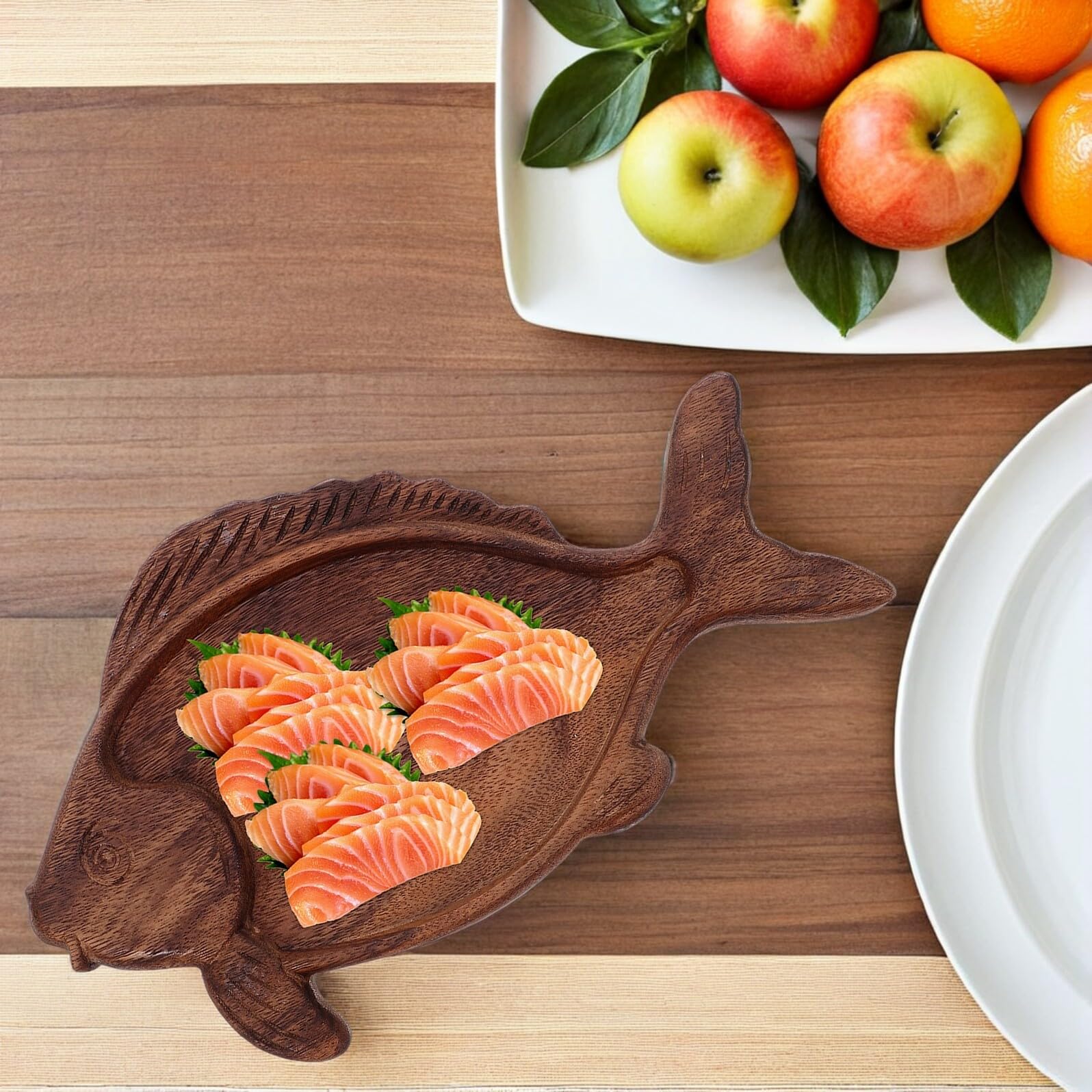 Mikikit Vassoio Per Alimenti Forma Di Pesce in Legno Di Noce Vassoio Per Antipasti Per Sushi Giapponese Verdure Salumi Formaggi Dessert e Frutta Secca
