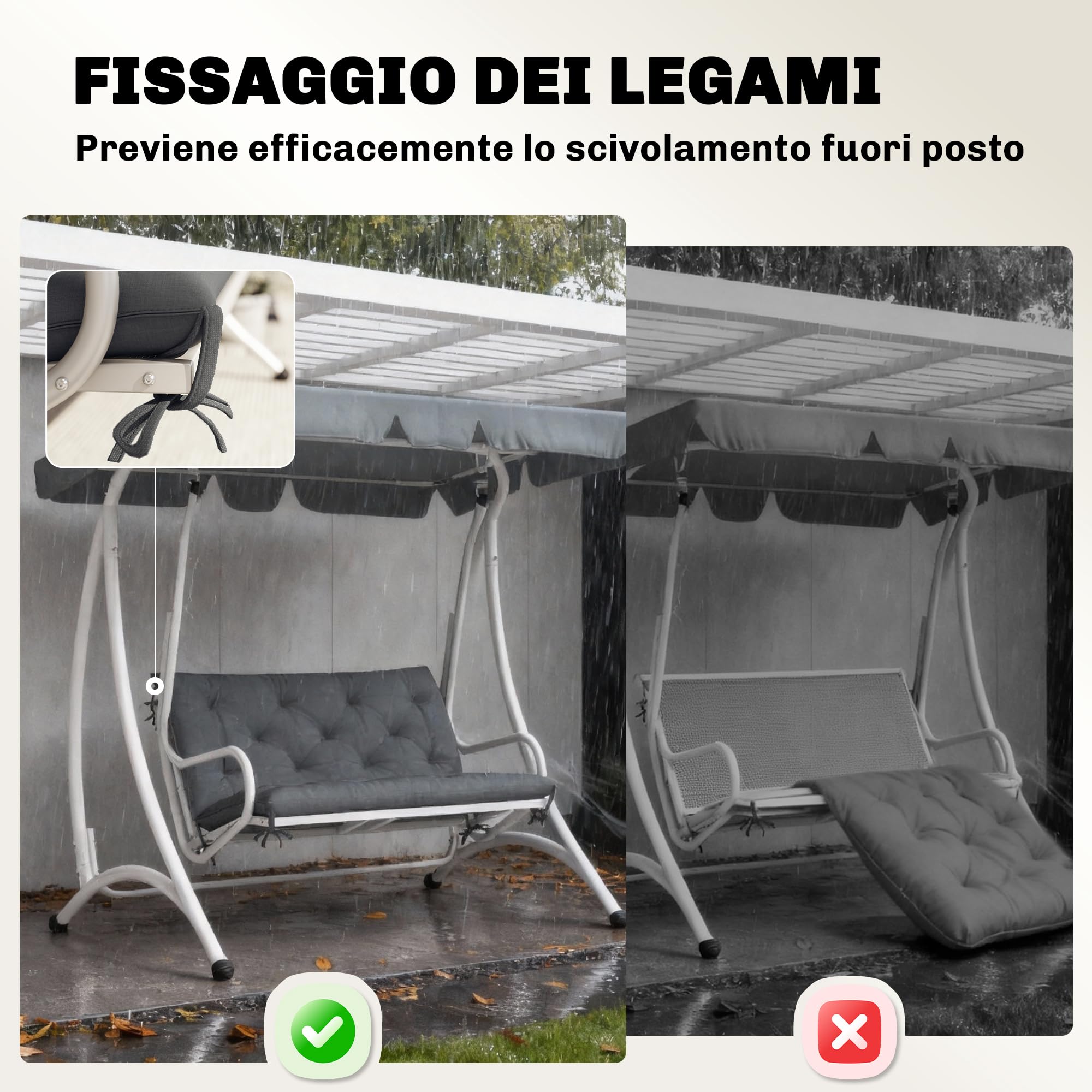 Outsunny Cuscino da Giardino Moderno per Sedute da Esterno con 6 Lacci, Cuscino da Esterno Imbottito in Cotone e Poliestere, per Divani Dondoli Panche, 100x98x8 cm, Grigio Scuro