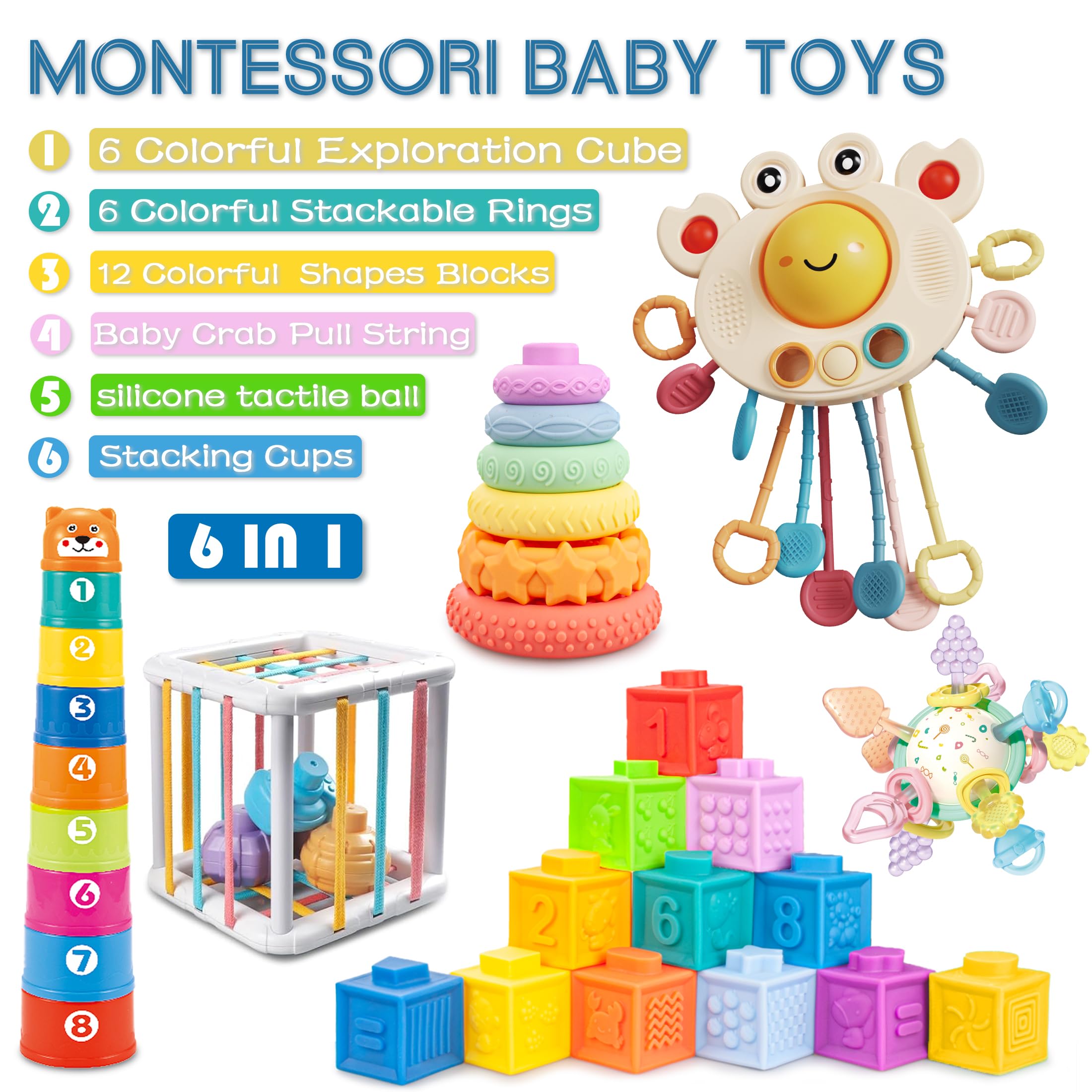 Juguetes para bebés de 6 a 12 meses, juguete Montessori para bebés de 6 a 12 meses, incluye bloques de construcción suaves y juguete de cuerda de silicona y cubo sensorial y bola de Manhattan y 2 3