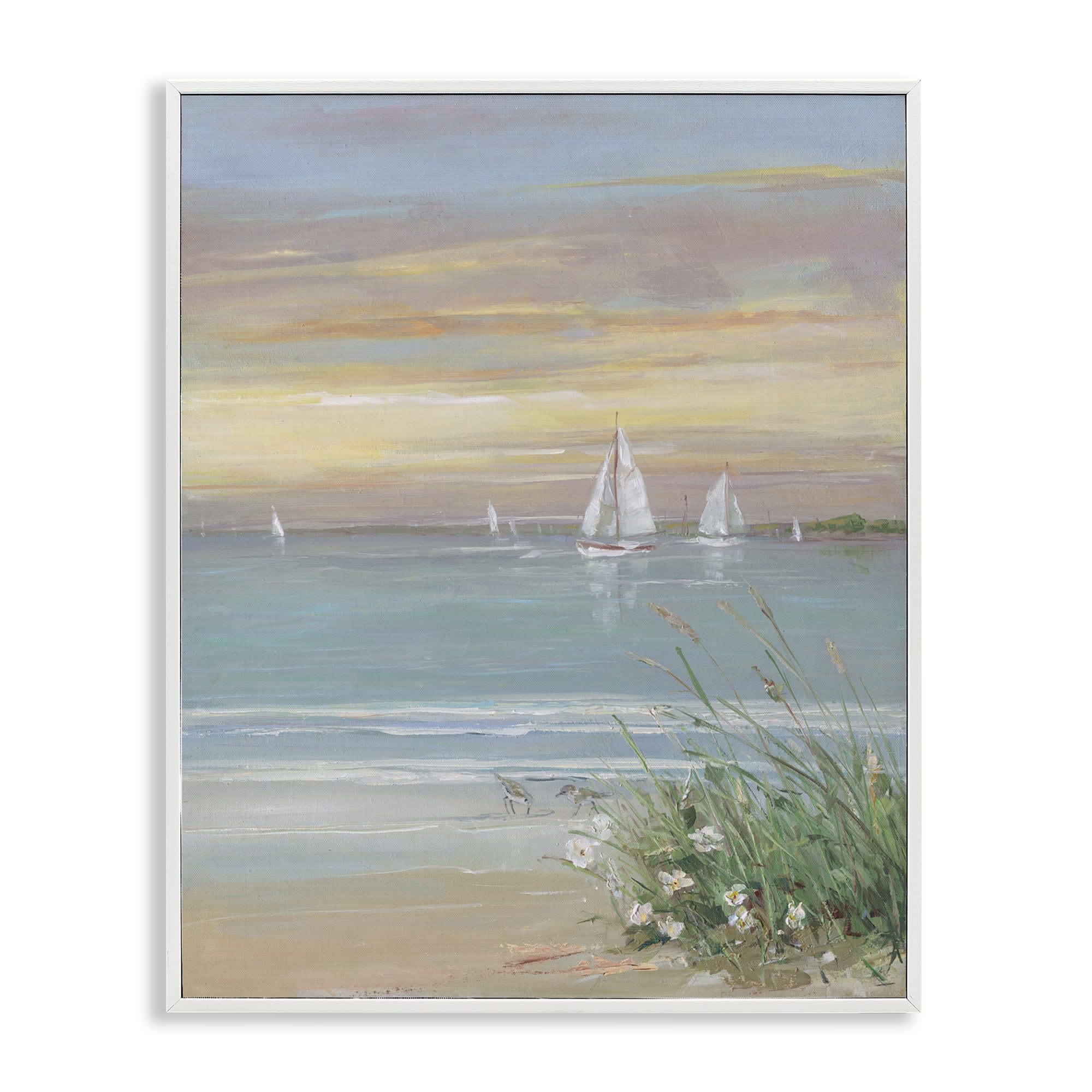 Nautical Sailboats Sandy Shore Seascape, 16 x 20 Inch Framed Giclée Print