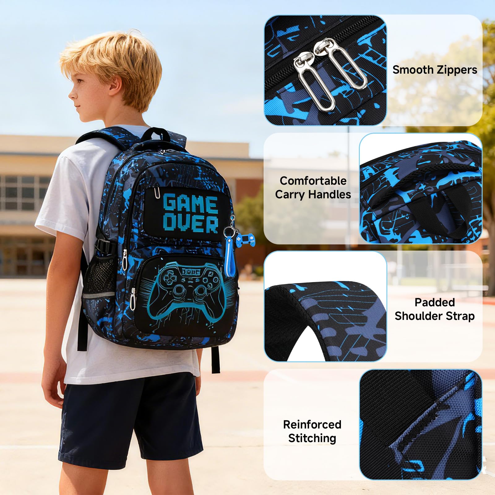 Amythe Schulrucksack Jungen Teenager, Schultasche Kinder mit Reflektoren für 3. bis 7. Klasse, Schulranzen Wasserdichter für 15.6 Zoll Laptop, Blau