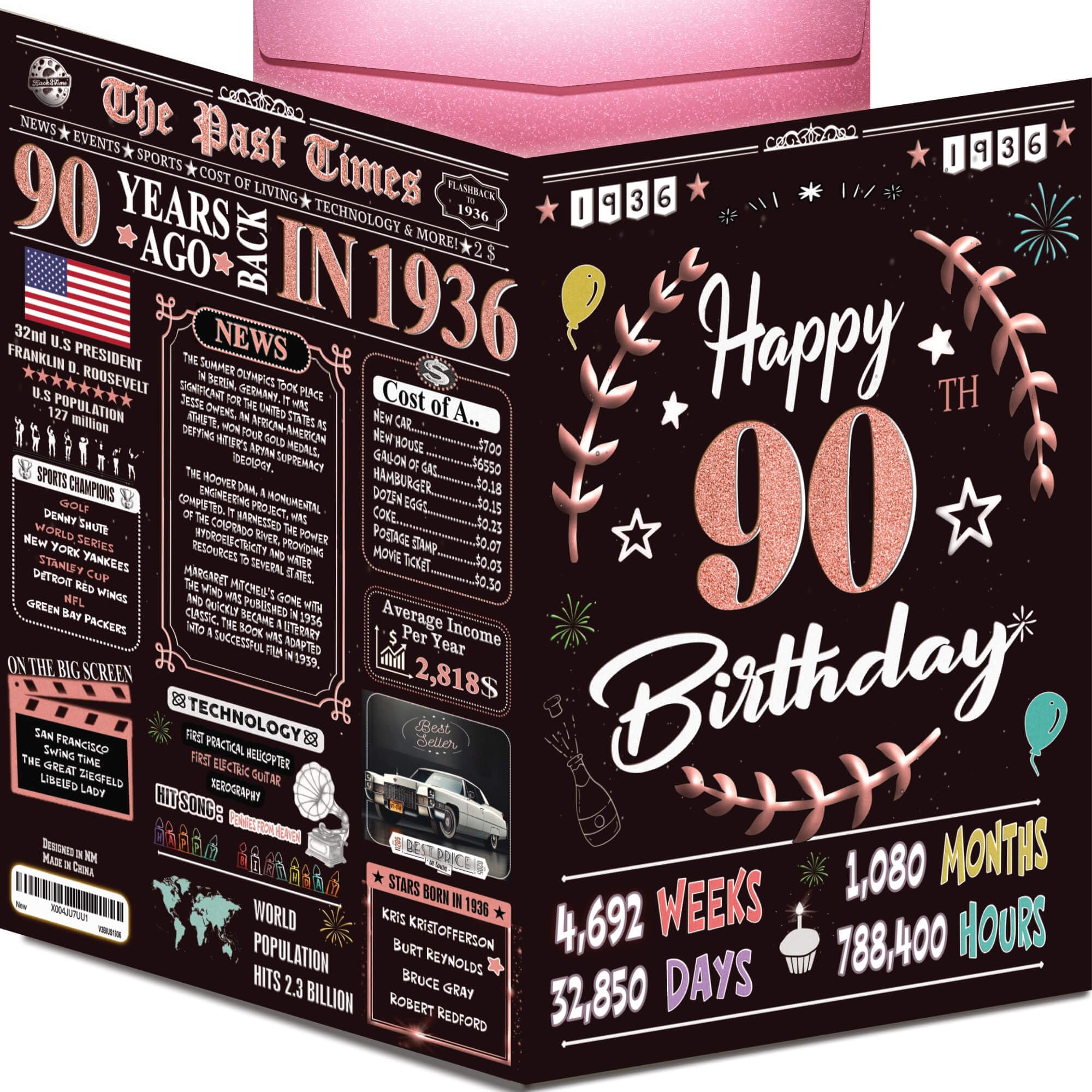 90th Birthday Card for Women Men - Back In 1936 Black & Gold - 90 Happy BIRTHDAY card - 90th birthday gift for Her Him - JUMBO size - 90th birthday decorations Dad Mom - Best gifts for 90 year old